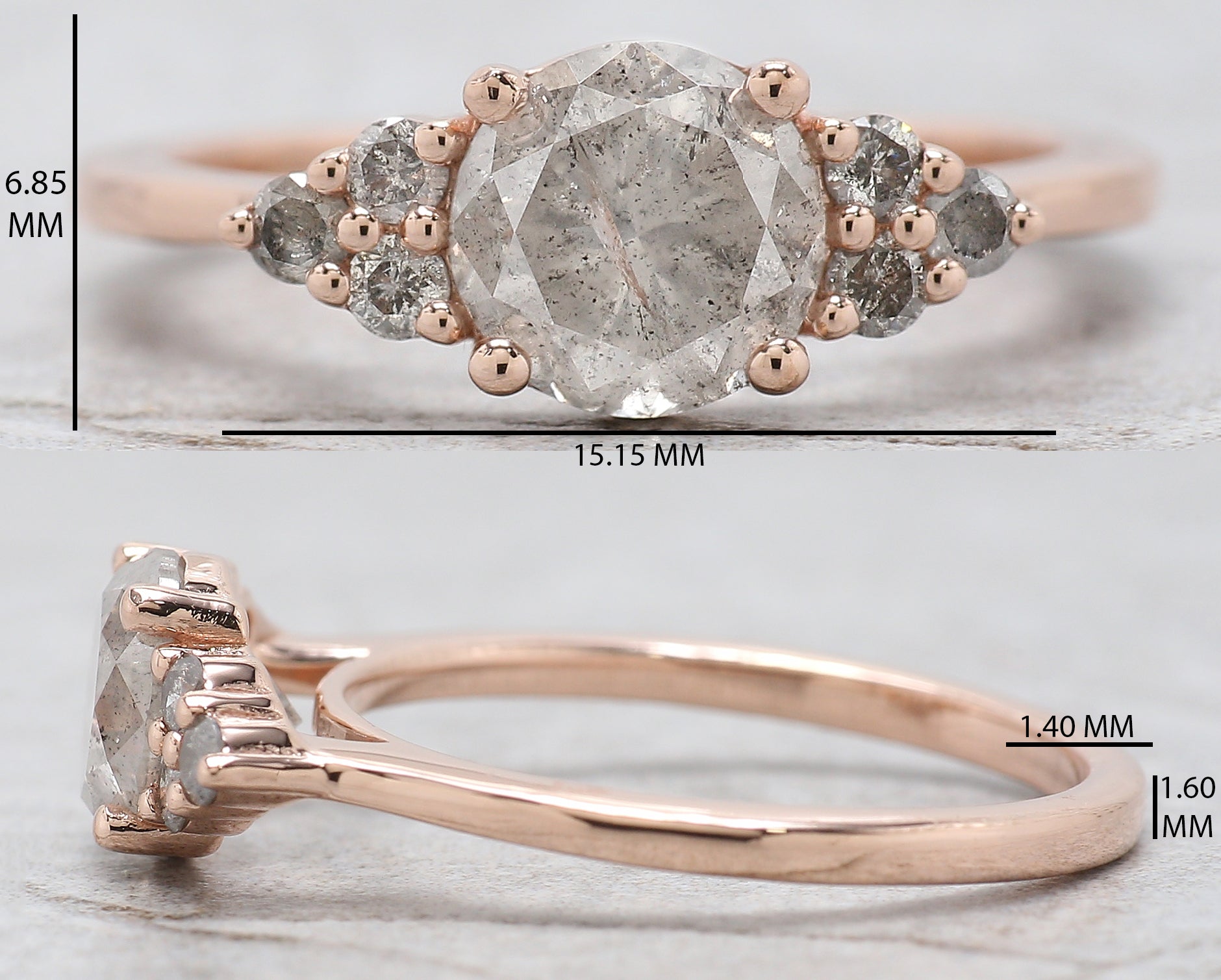 Round Cut Salt And Pepper Diamond Ring 1.43 Ct 6.75 MM Round Diamond Ring 14K Solid Rose Gold Silver Engagement Ring Gift For Her QL8207