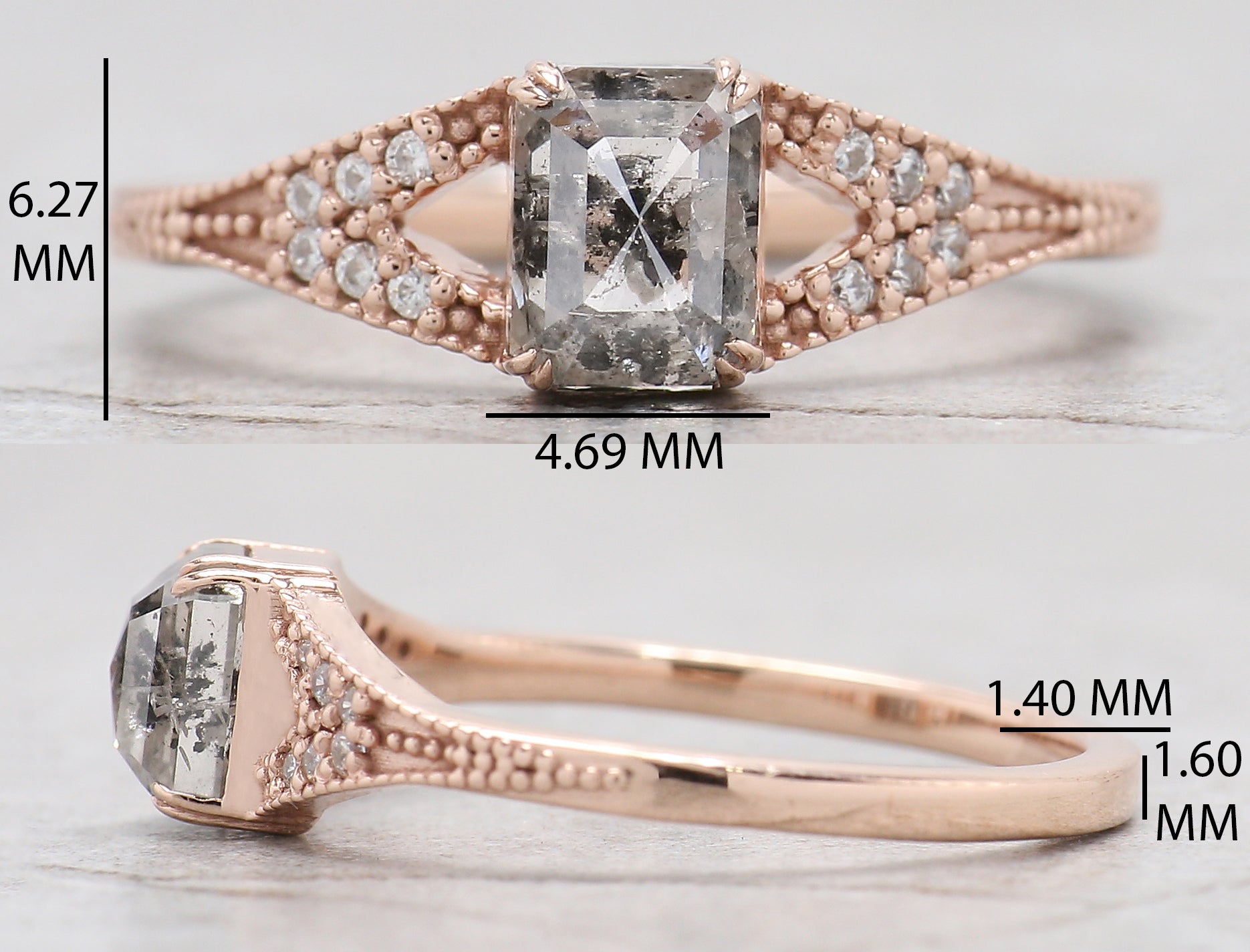 Emerald Cut Salt And Pepper Diamond Ring 0.94 Ct 5.88 MM Emerald Diamond Ring 14K Solid Rose Gold Silver Engagement Ring Gift For Her QL9559