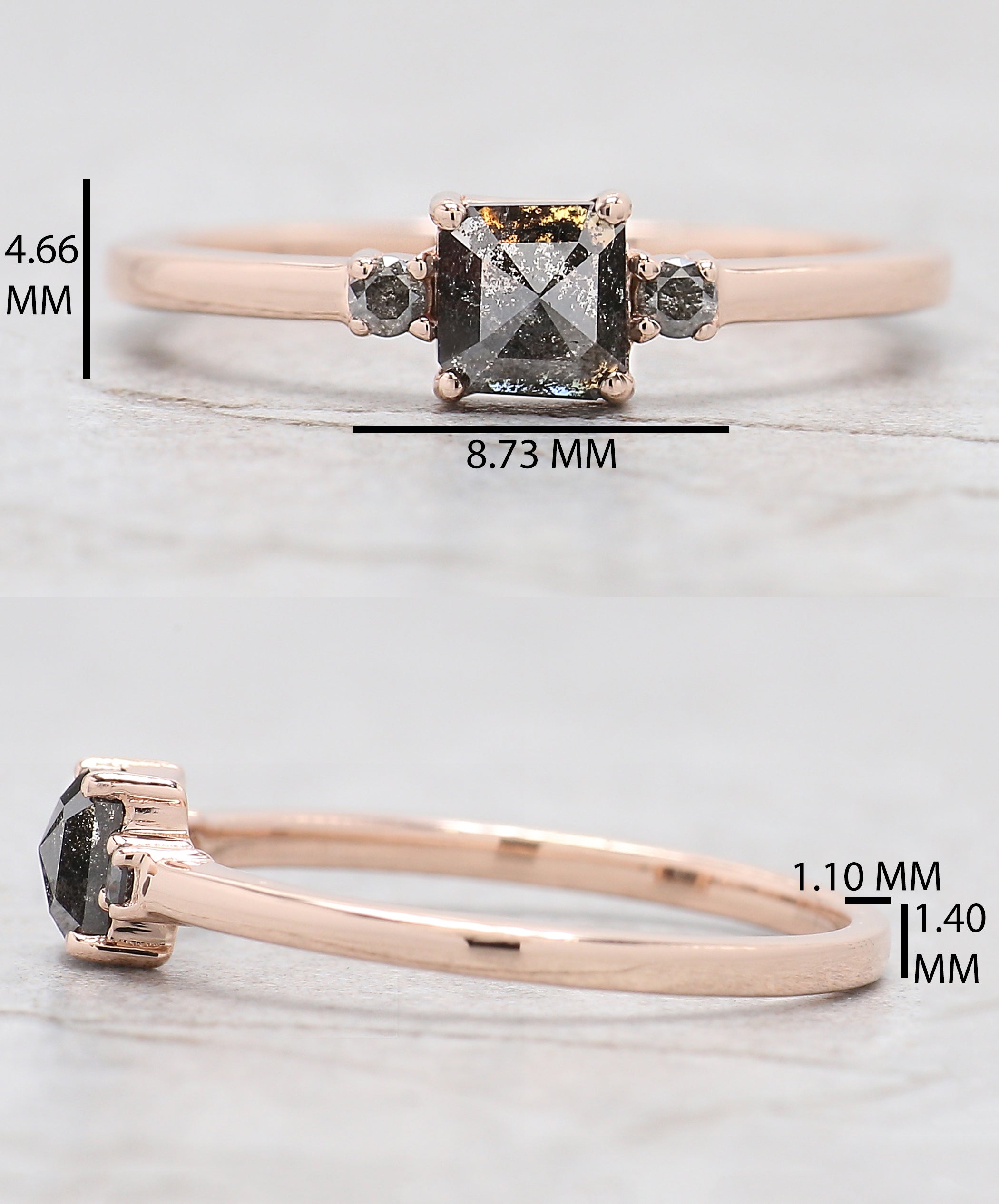 Emerald Cut Salt And Pepper Diamond Ring 0.47 Ct 4.50 MM Emerald Diamond Ring 14K Solid Rose Gold Silver Engagement Ring Gift For Her QL6853