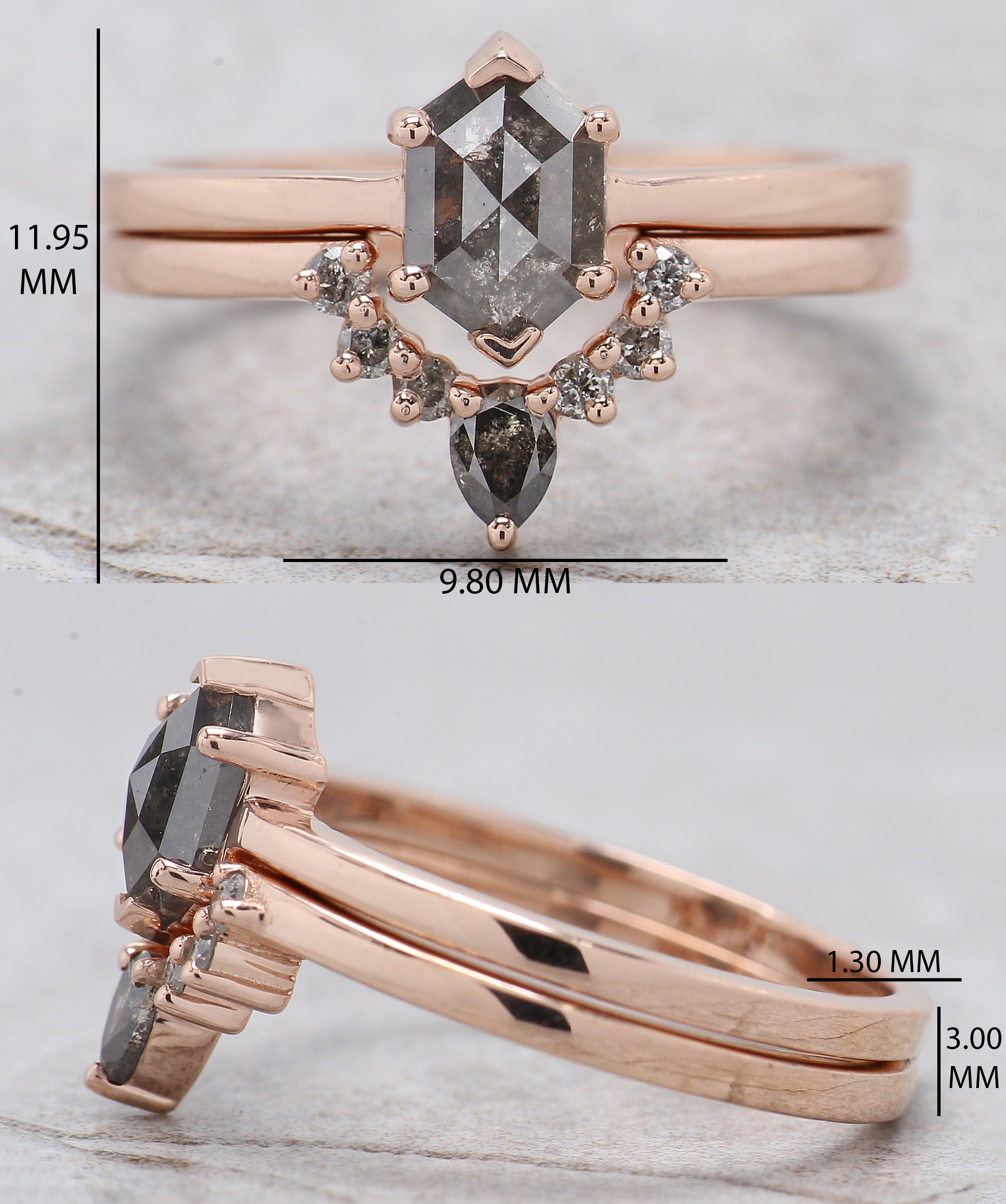 Hexagon Cut Salt And Pepper Diamond Ring 0.70 Ct 7.05 MM Hexagon Diamond Ring 14K Solid Rose Gold Silver Engagement Ring Gift For Her QL8153