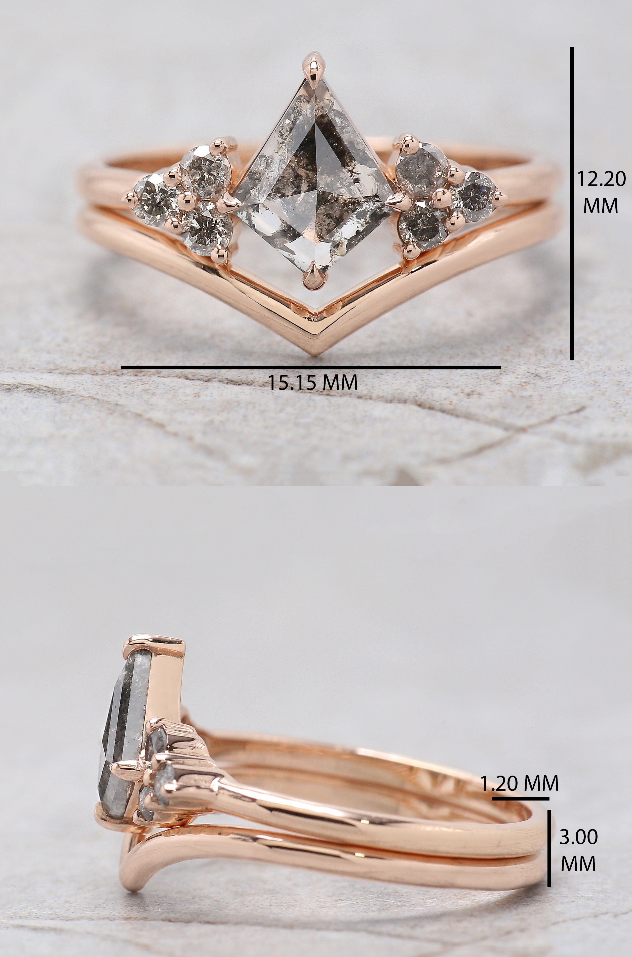 Kite Cut Salt And Pepper Diamond Ring 0.53 CT 8.15 MM Kite Diamond Wedding Ring Set RoseGold Silver Engagement Ring Gift For Her KDL3392
