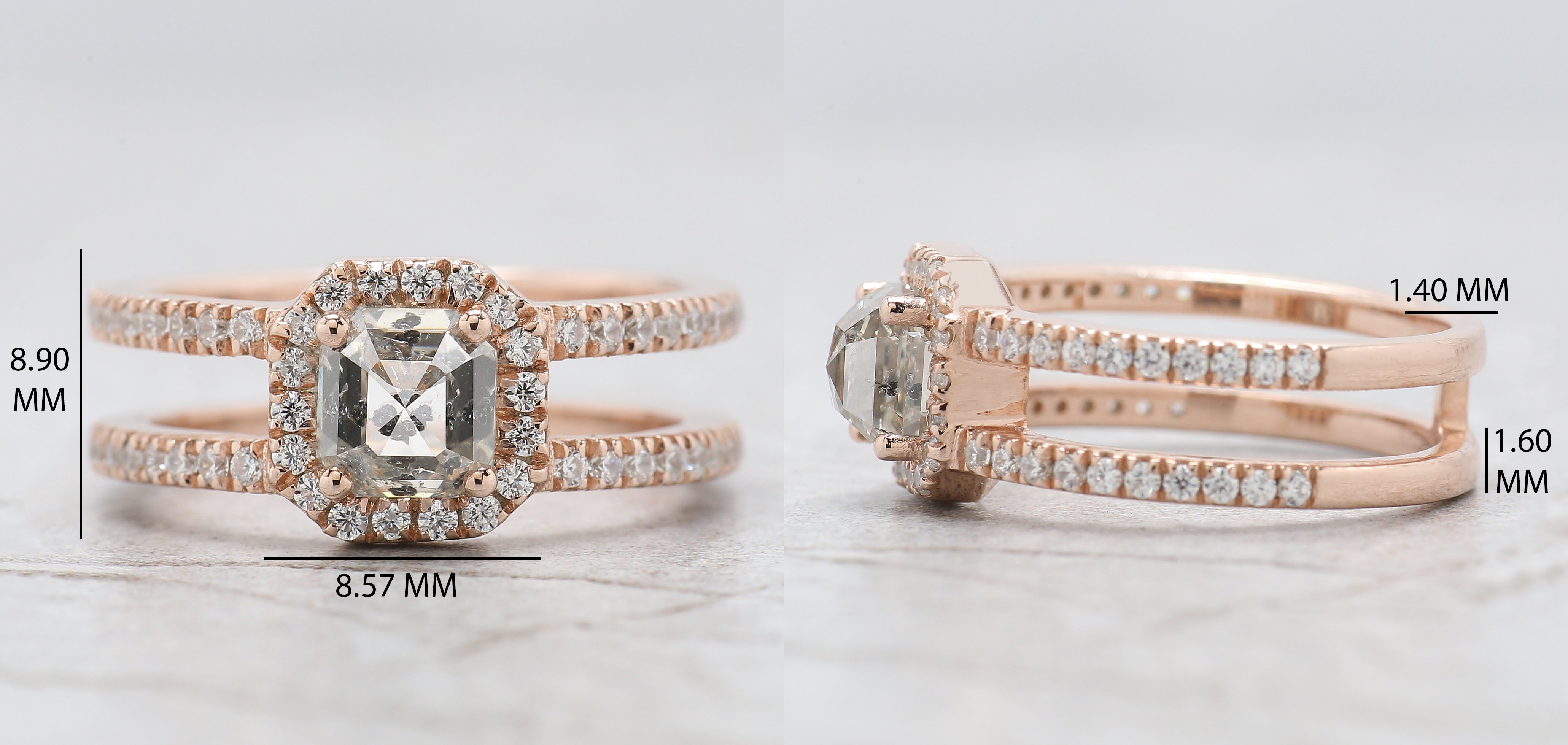 Emerald Salt And Pepper Diamond Ring 1.18 Ct 5.66 MM Emerald Diamond Ring 14K Solid Rose Gold Silver Engagement Ring Gift For Her QL2627