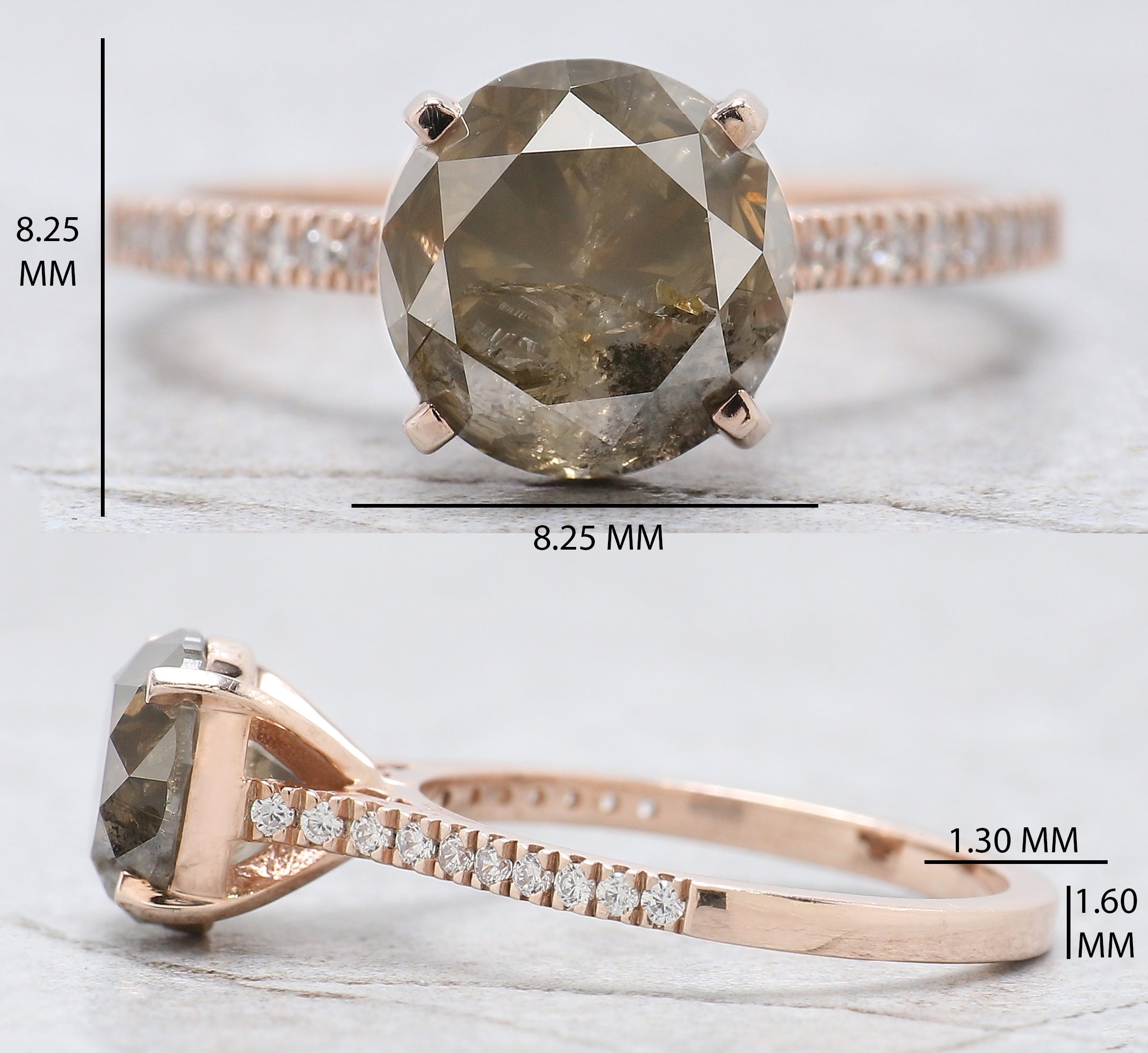 Round Cut Salt And Pepper Diamond Ring 2.84 Ct 8.15 MM Round Diamond Ring 14K Solid Rose Gold Silver Engagement Ring Gift For Her QL8876