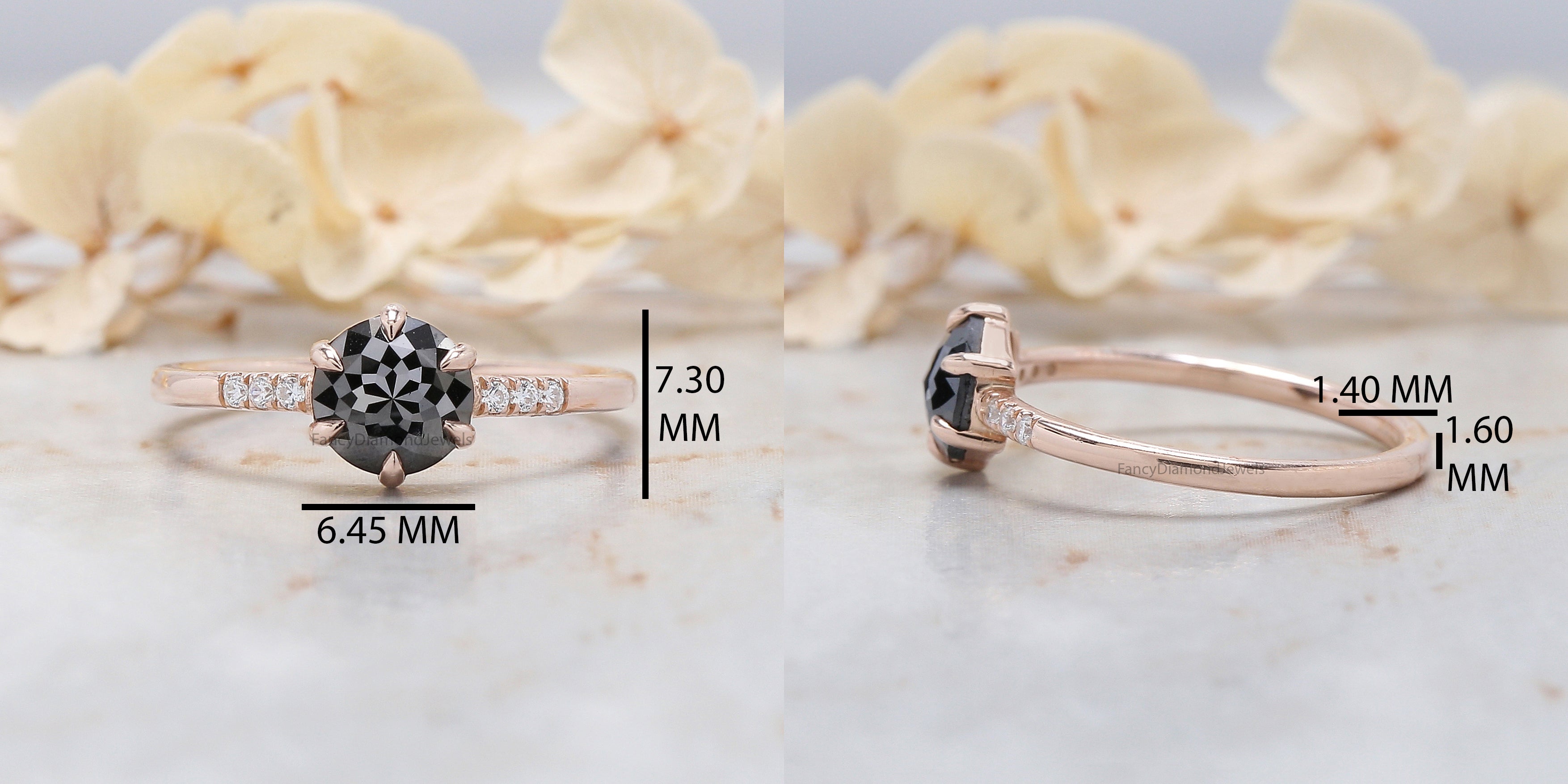 Round Rose Cut Black Color Diamond Ring 0.74 Ct 6.13 MM Round Shape Diamond Ring 14K Rose Gold Silver Engagement Ring Gift For Her QN2508