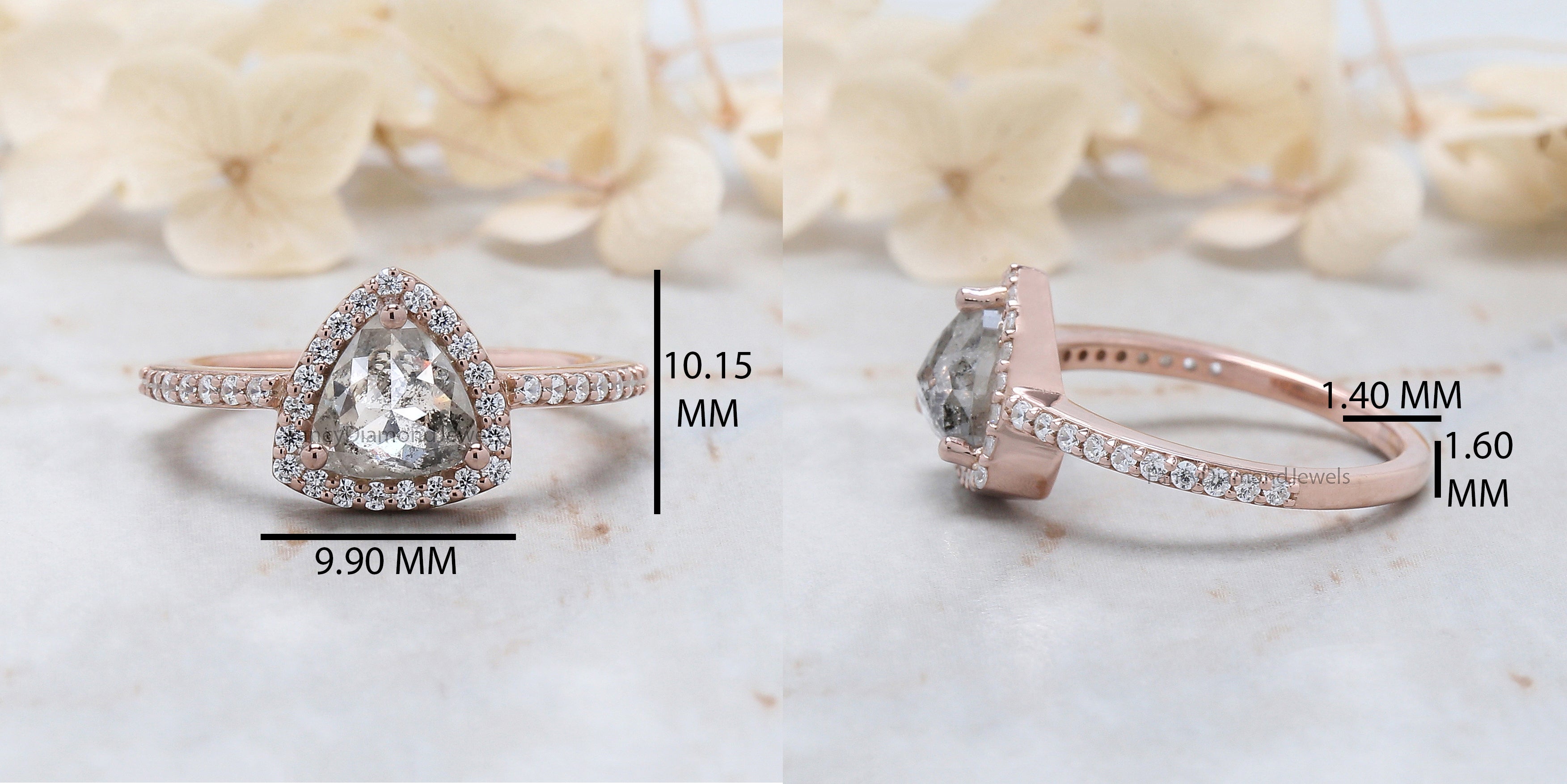 1.35 Ct Natural Triangle Salt And Pepper Diamond Ring 7.10 MM Triangle Diamond Ring 14K Solid Rose Gold Silver Engagement Ring QN8925