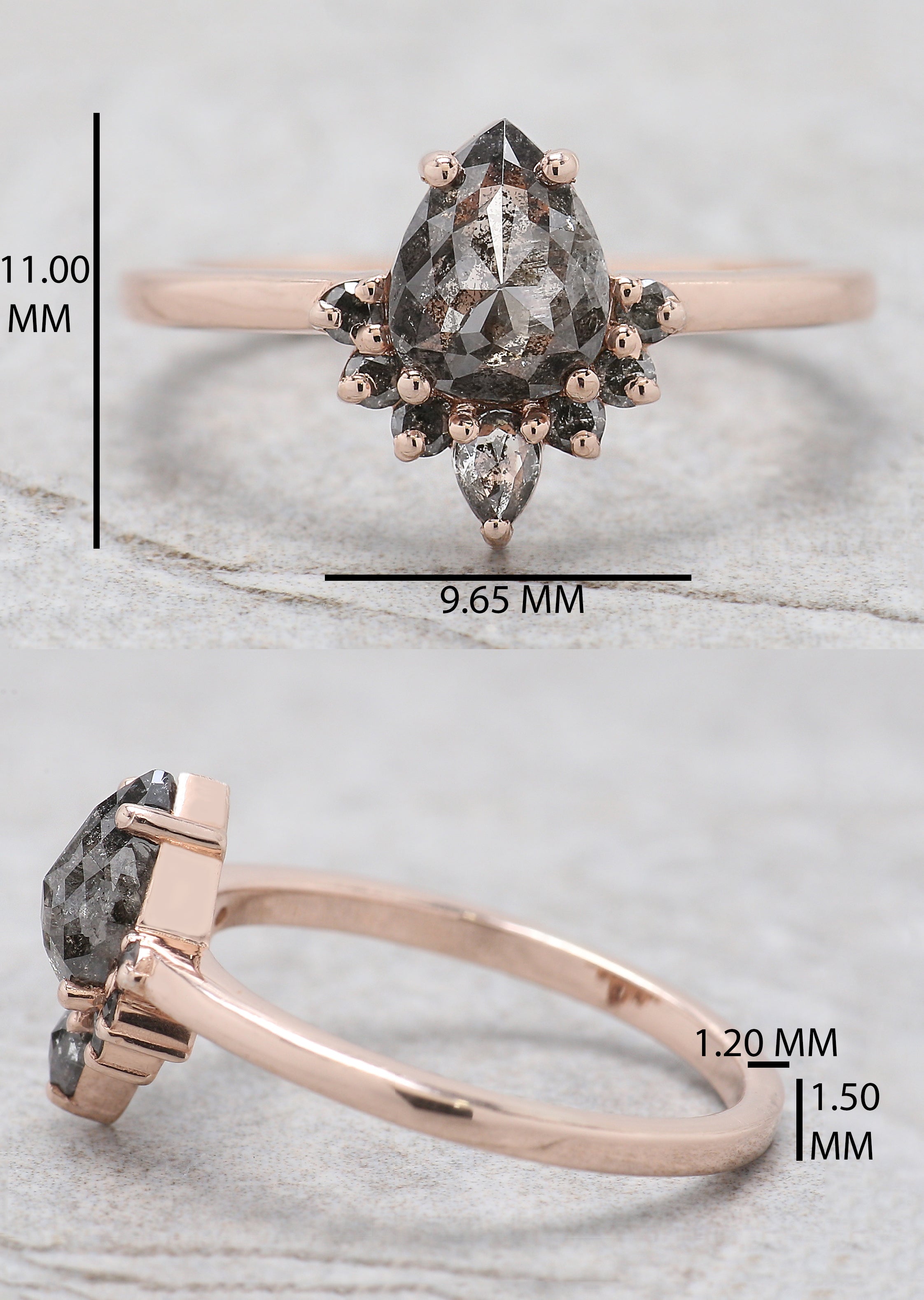 0.91 Ct Natural Pear Shape Salt And Pepper Diamond Ring 7.20 MM Pear Cut Diamond Ring 14K Solid Rose Gold Silver Engagement Ring QL1665