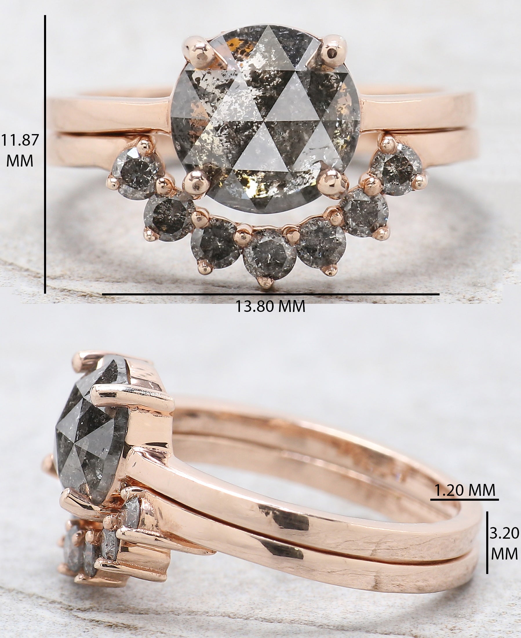 Round Rose Cut Salt And Pepper Diamond Ring 1.80 Ct 8.10 MM Round Diamond Ring 14K Rose Gold Silver Engagement Ring Gift For Her QL1536