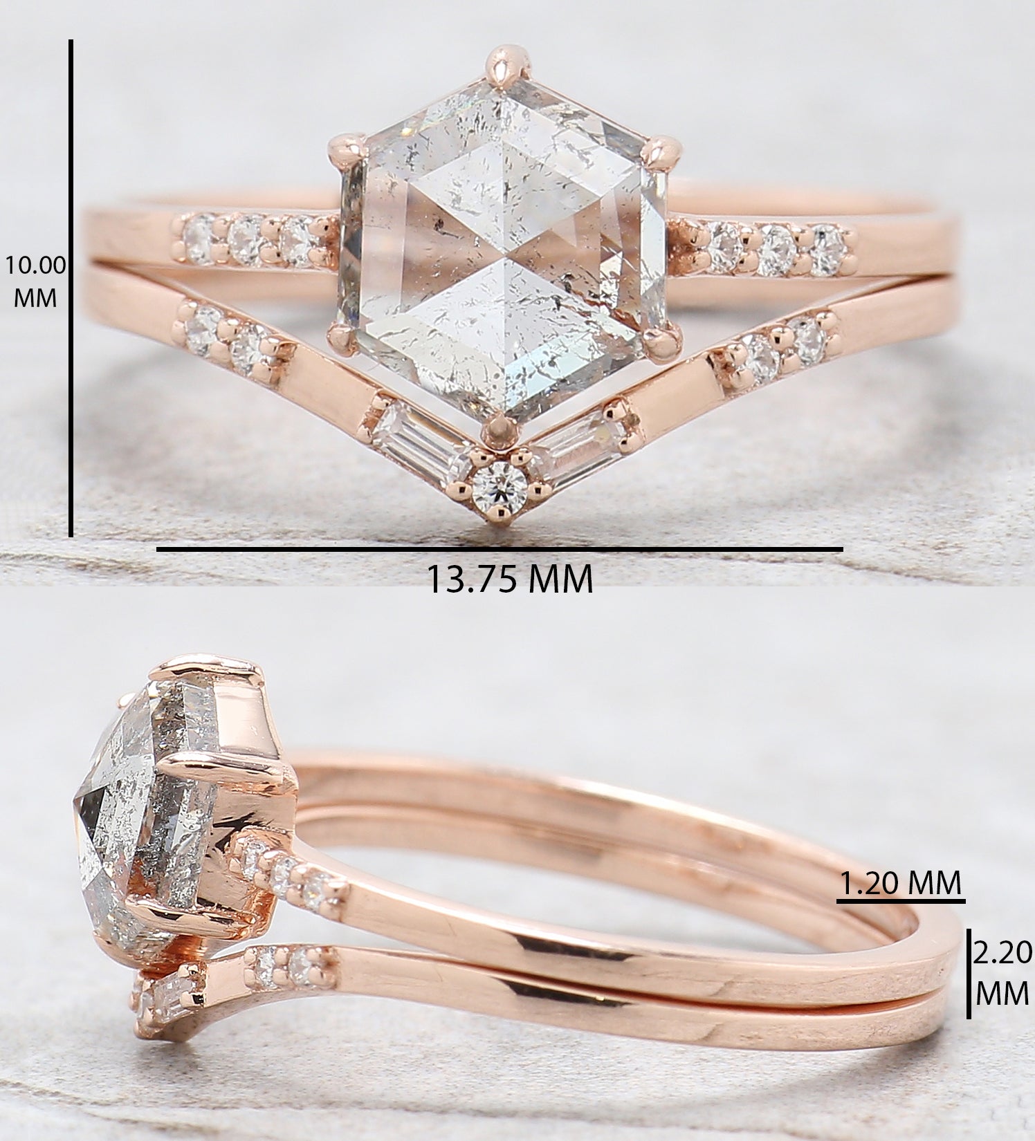 Hexagon Cut Salt And Pepper Diamond Ring 1.34 Ct 7.32 MM Hexagon Cut Diamond Ring 14K Rose Gold Silver Engagement Ring Gift For Her QL2626