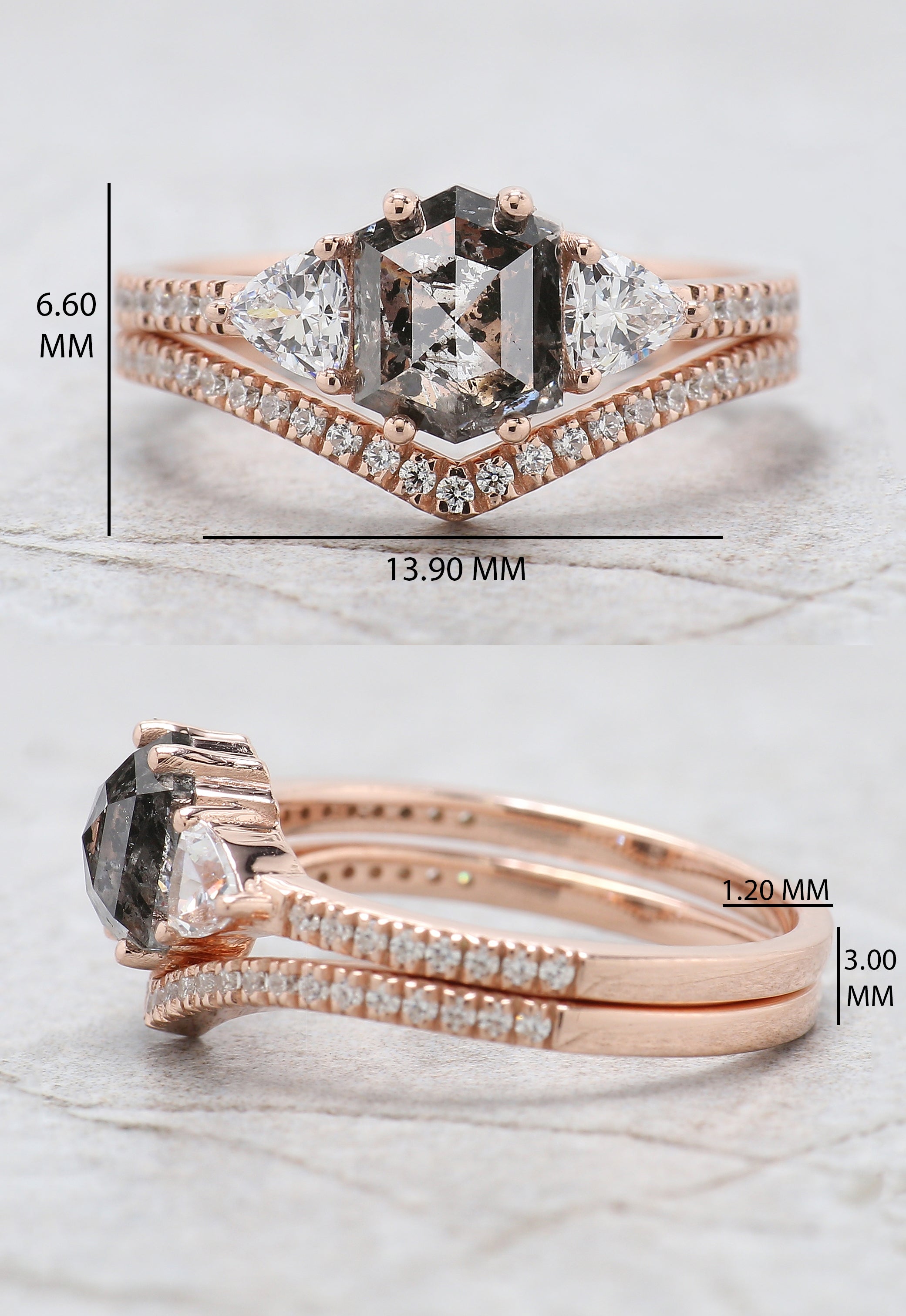Hexagon Cut Salt And Pepper Diamond Ring 1.23 Ct 6.92 MM Hexagon Cut Diamond Ring 14K Rose Gold Silver Engagement Ring Gift For Her QL2743