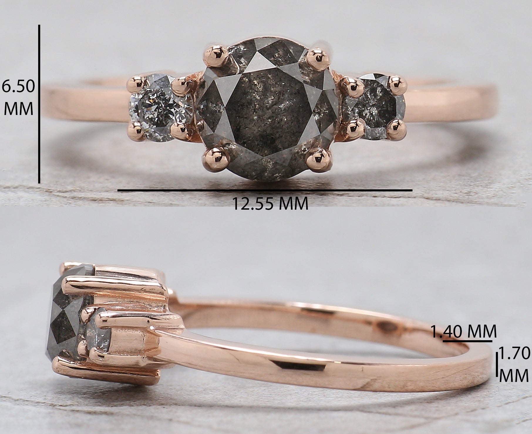 Round Cut Salt And Pepper Diamond Ring 1.47 Ct 6.45 MM Round Diamond Ring 14K Solid Rose Gold Silver Engagement Ring Gift For Her QN9377