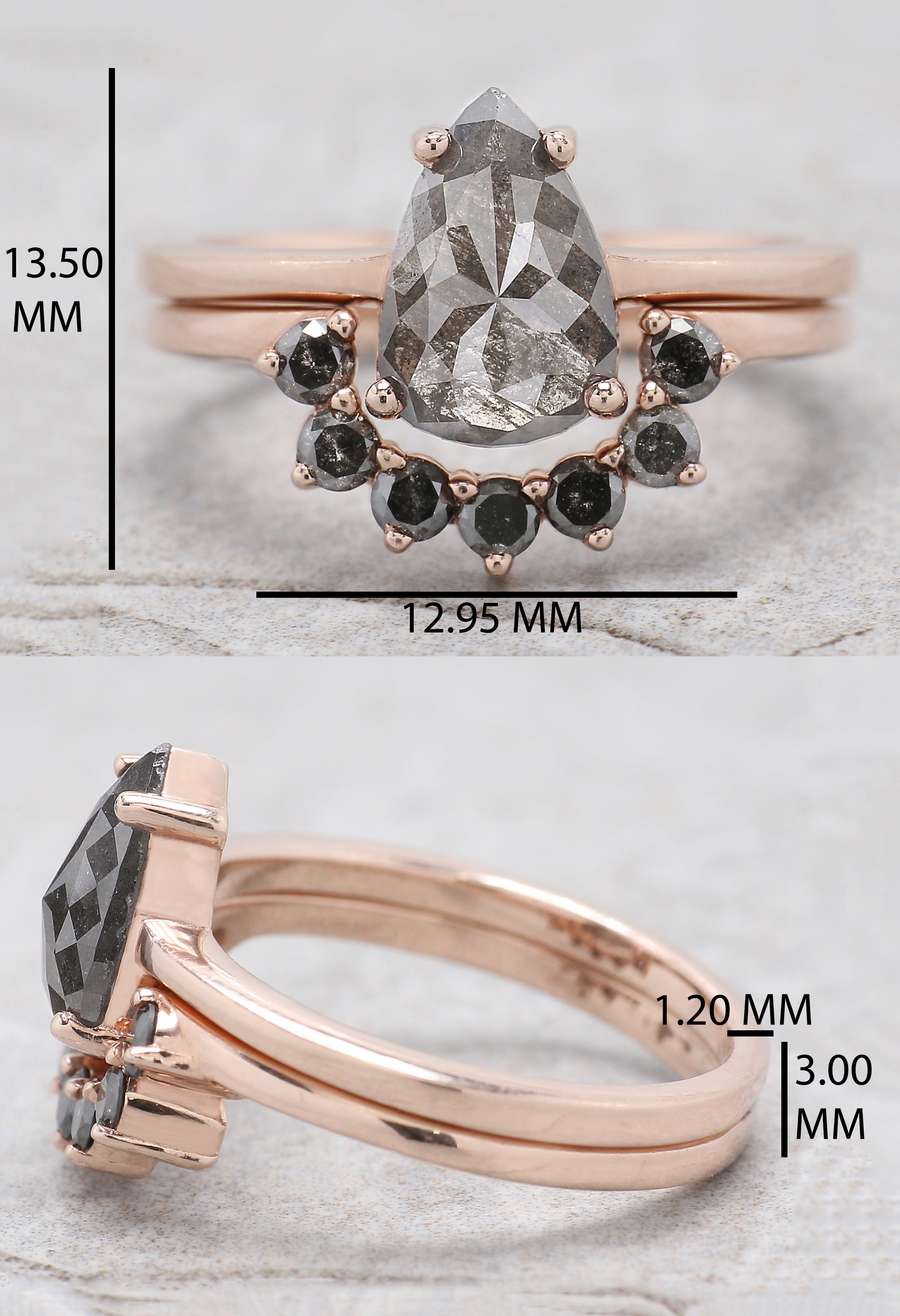 1.37 Ct Natural Pear Cut Salt And Pepper Diamond Ring 9.60 MM Pear Diamond Ring 14K Solid Rose Gold Silver Engagement Ring Pear Ring QL1577