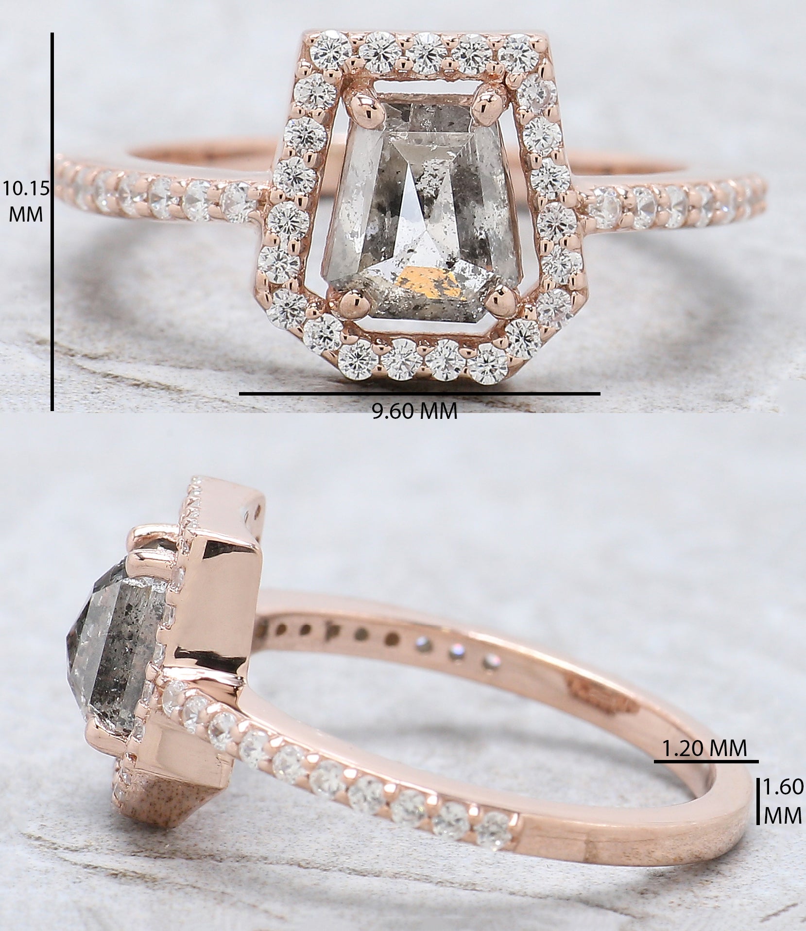 Coffin Cut Salt And Pepper Diamond Ring 1.03 Ct 6.30 MM Coffin Diamond Ring 14K Solid Rose Gold Silver Engagement Ring Gift For Her QL7466