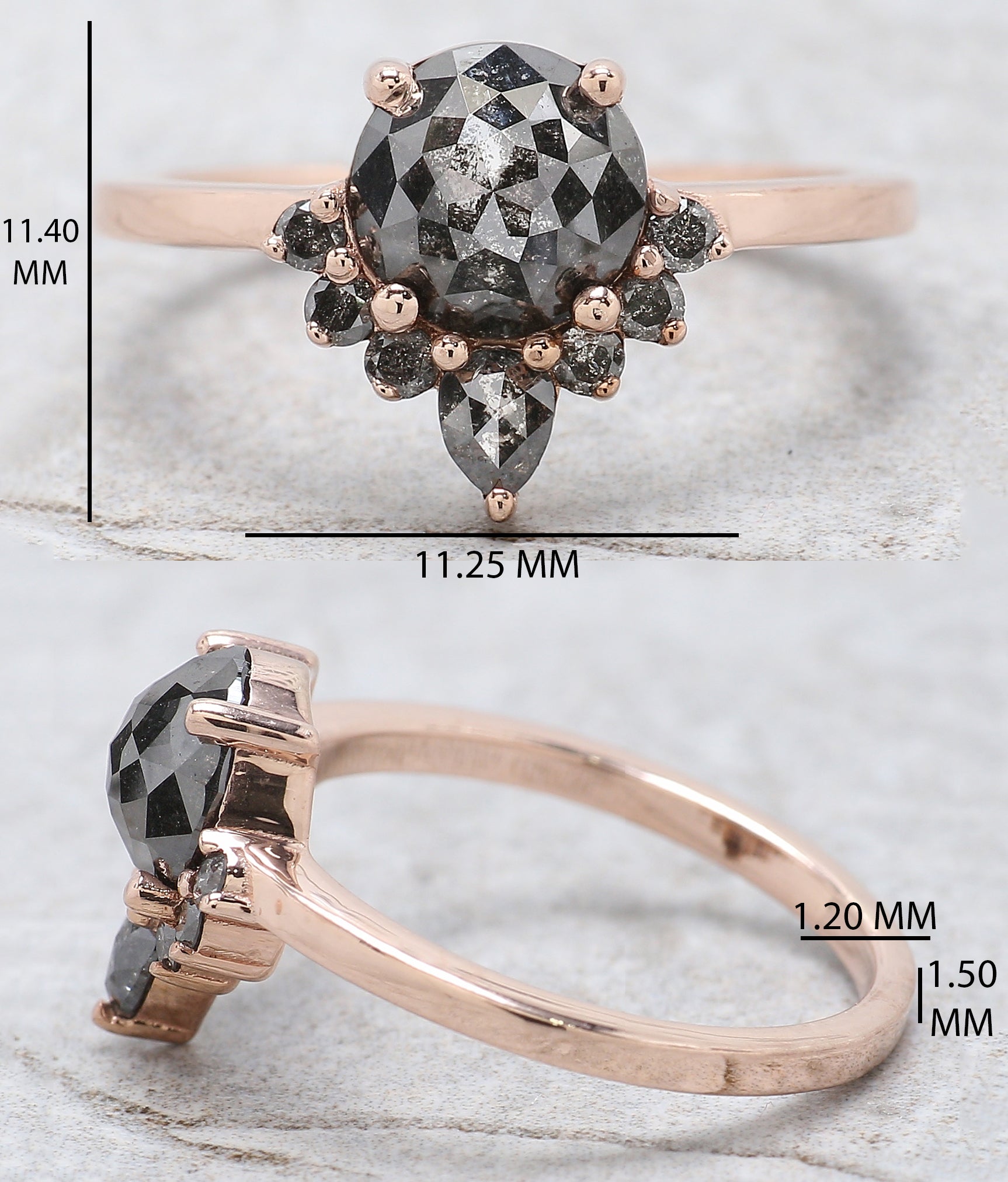 Round Rose Cut Salt And Pepper Diamond Ring 1.47 Ct 7.00 MM Rose Diamond Ring 14K Solid Rose Gold Silver Engagement Ring Gift For Her QL1206