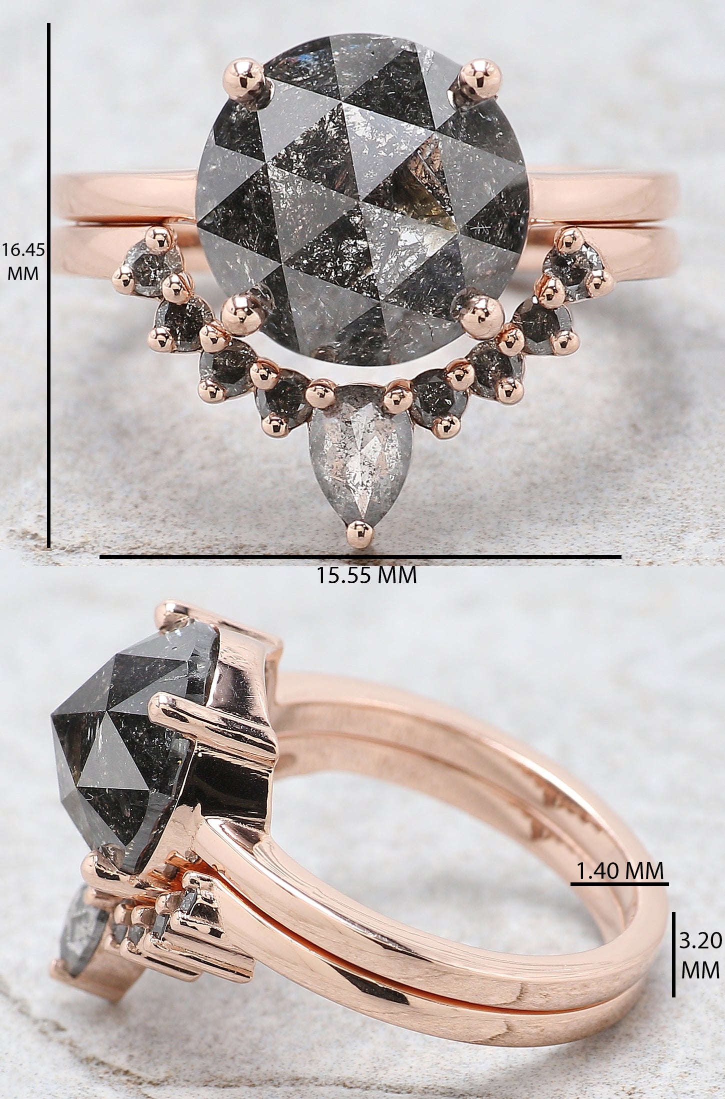 Round Rose Cut Salt And Pepper Diamond Ring 5.10 Ct 10.30 MM Round Diamond Ring 14K Solid Rose Gold Silver Engagement Ring Gift For Her QL093