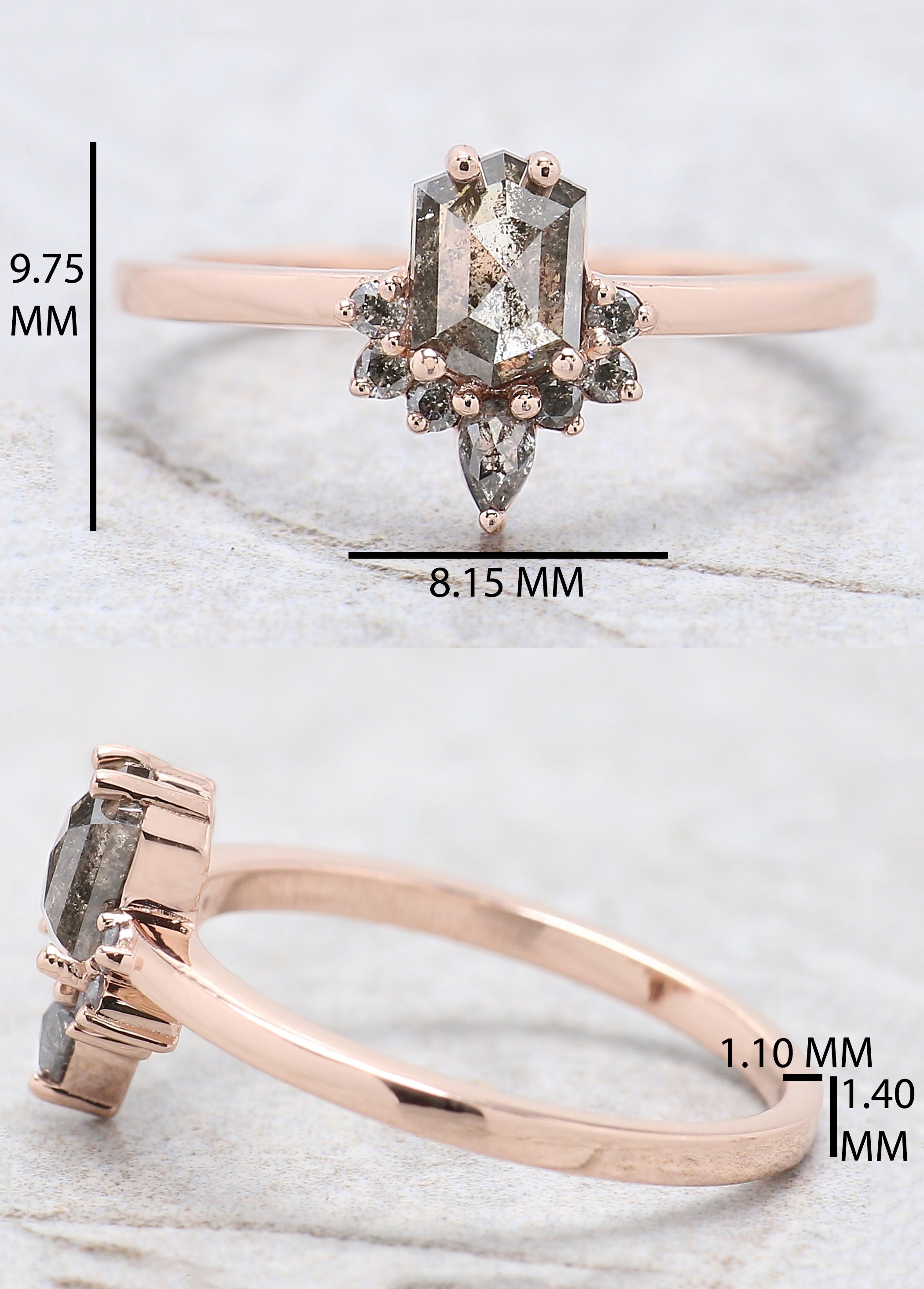 Hexagon Cut Salt And Pepper Diamond Ring 0.69 Ct 6.00 MM Hexagon Diamond Ring 14K Solid Rose Gold Silver Engagement Ring Gift For Her QN1480