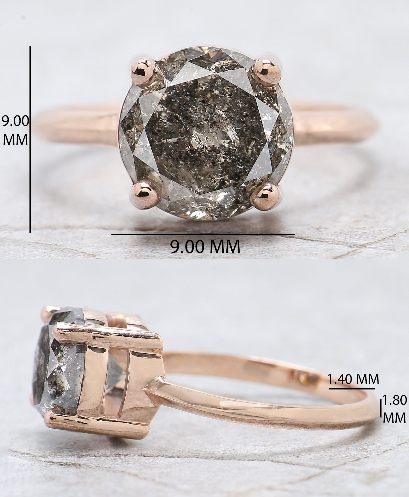 Round Cut Salt And Pepper Diamond Ring 3.37 Ct 8.77 MM Round Diamond Ring 14K Solid Rose Gold Silver Engagement Ring Gift For Her QL2303