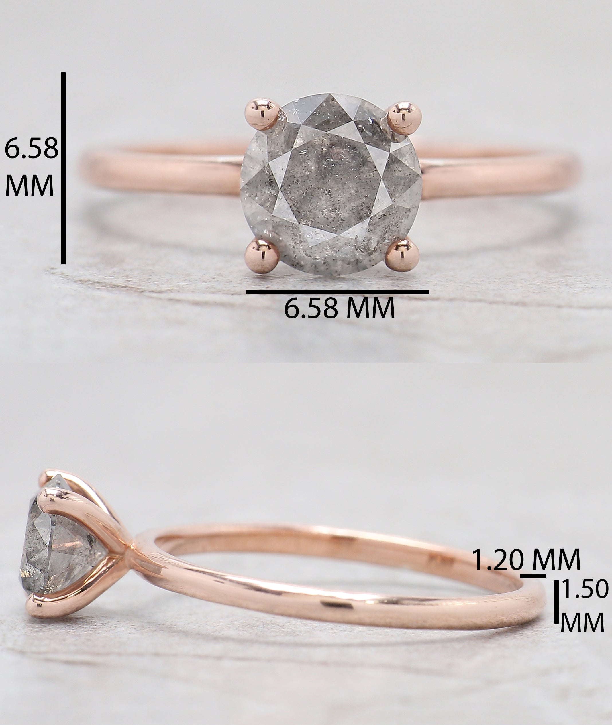 Round Cut Salt And Pepper Diamond Ring 0.98 Ct 6.40 MM Round Diamond Ring 14K Solid Rose Gold Silver Engagement Ring Gift For Her QL2083