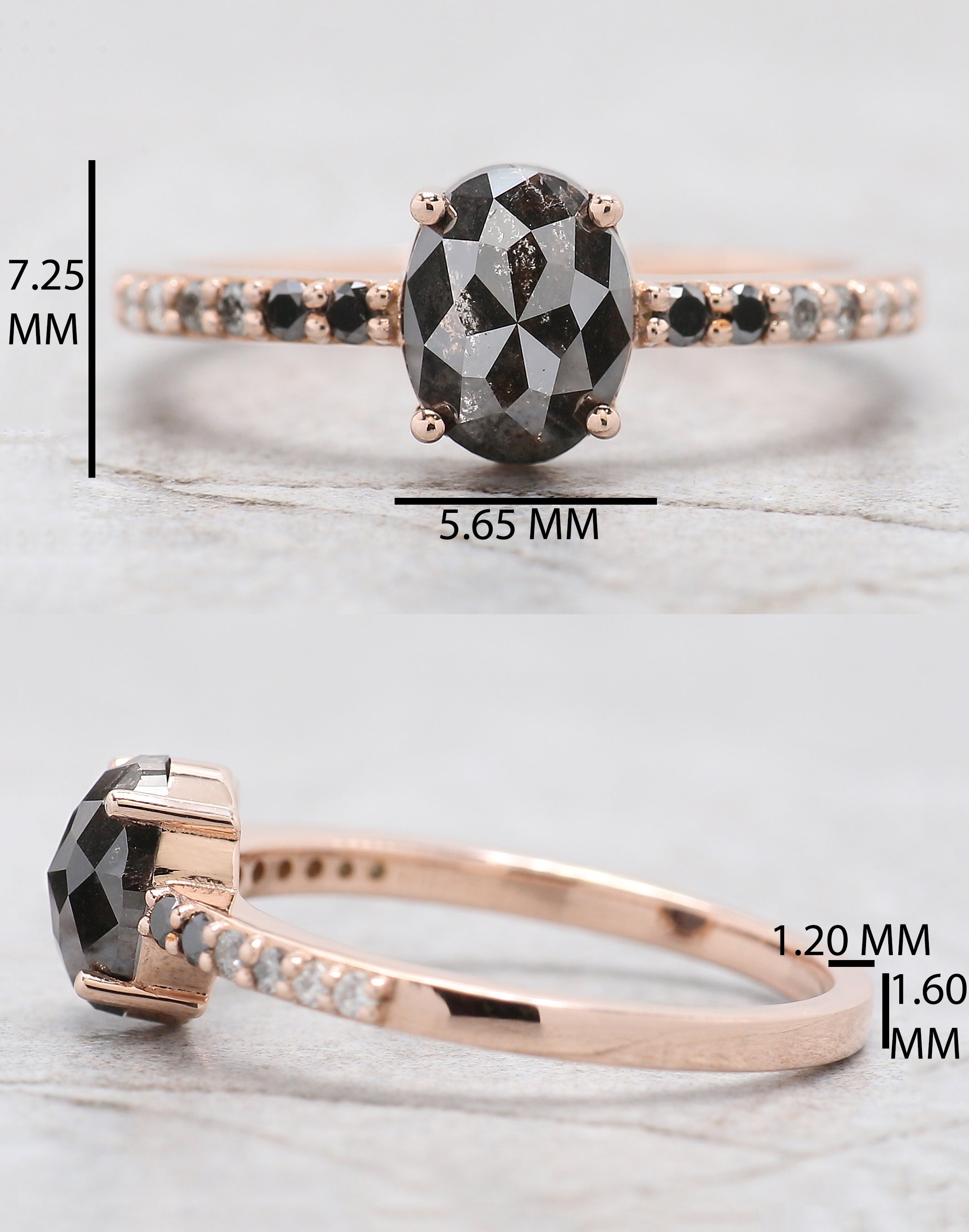 1.07 Ct Natural Oval Shape Salt And Pepper Diamond Ring 7.15 MM Oval Cut Diamond Ring 14K Solid Rose Gold Silver Engagement Ring QN404