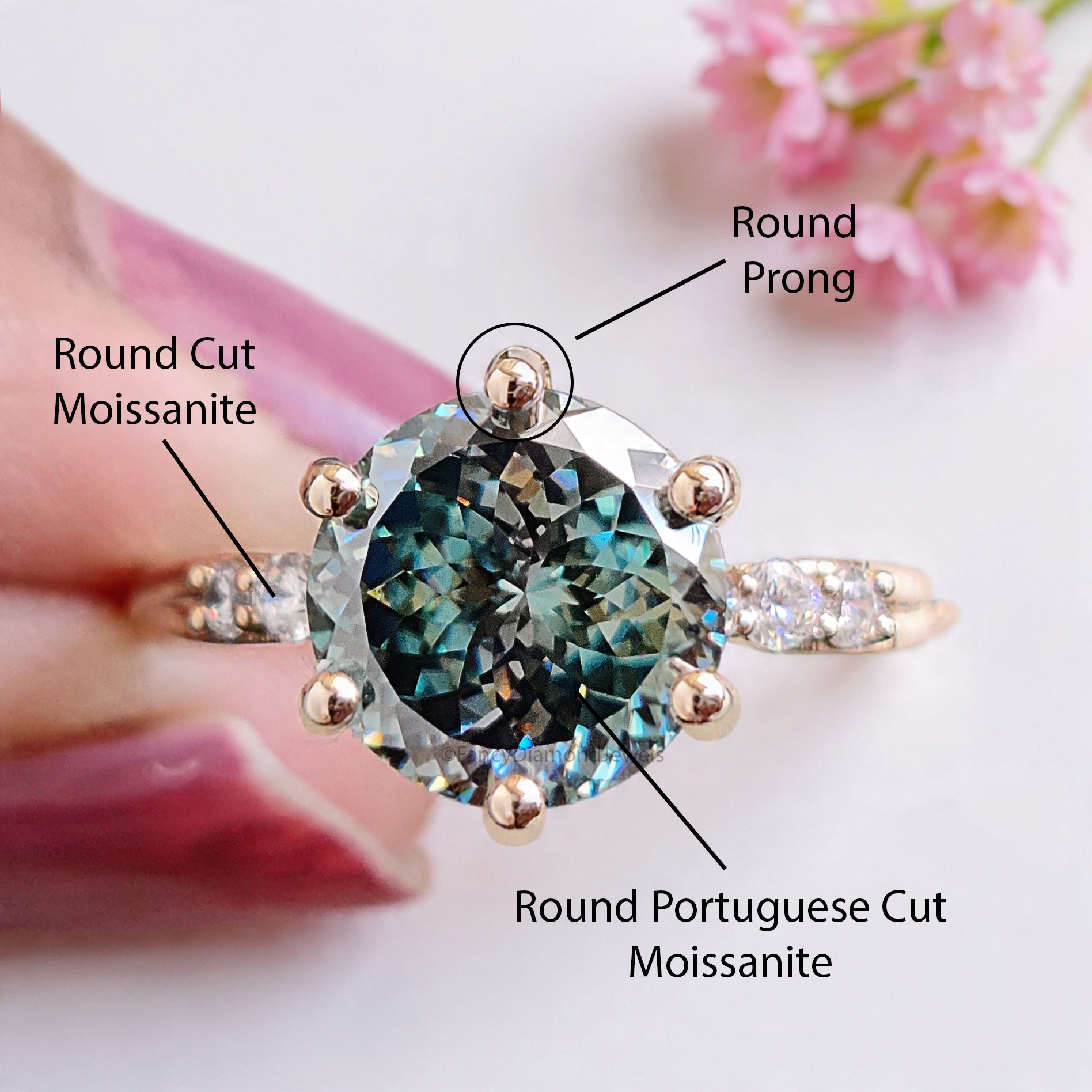 Round Portuguese Cut Blue Green Moissanite Engagement Ring Yellow Gold Ring Vintage Ring Crossover Band Wedding Ring Gift For Her FD475