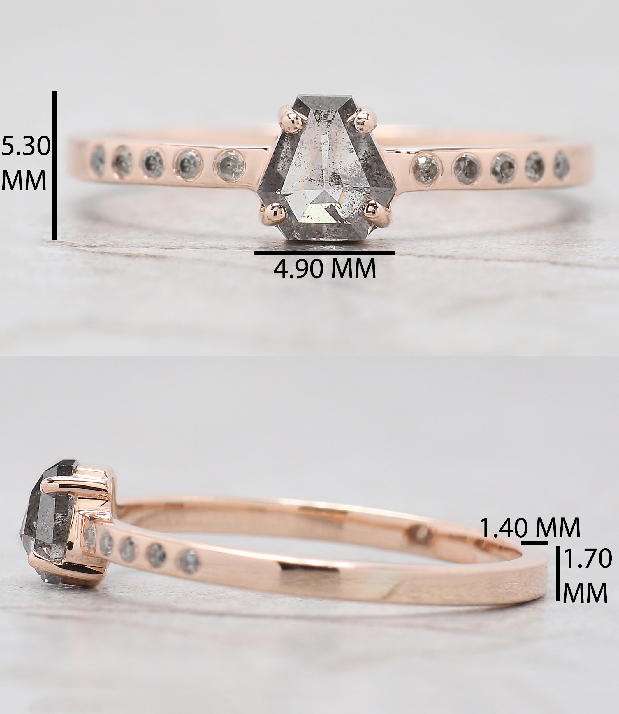 Coffin Cut Salt And Pepper Diamond Ring 0.46 Ct 5.30 MM Coffin Diamond Ring 14K Solid Rose Gold Silver Engagement Ring Gift For Her QN8892
