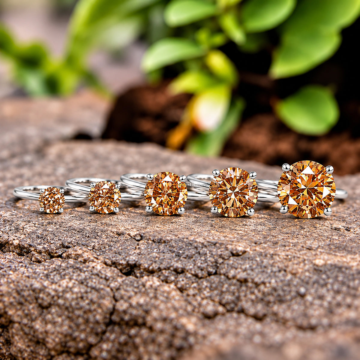Round Brown Champagne Diamond engagement ring 11mm 9mm 8mm 6mm 4mm stone ring Simulant Ring Solitaire ring Silver ring Gift for her FD519