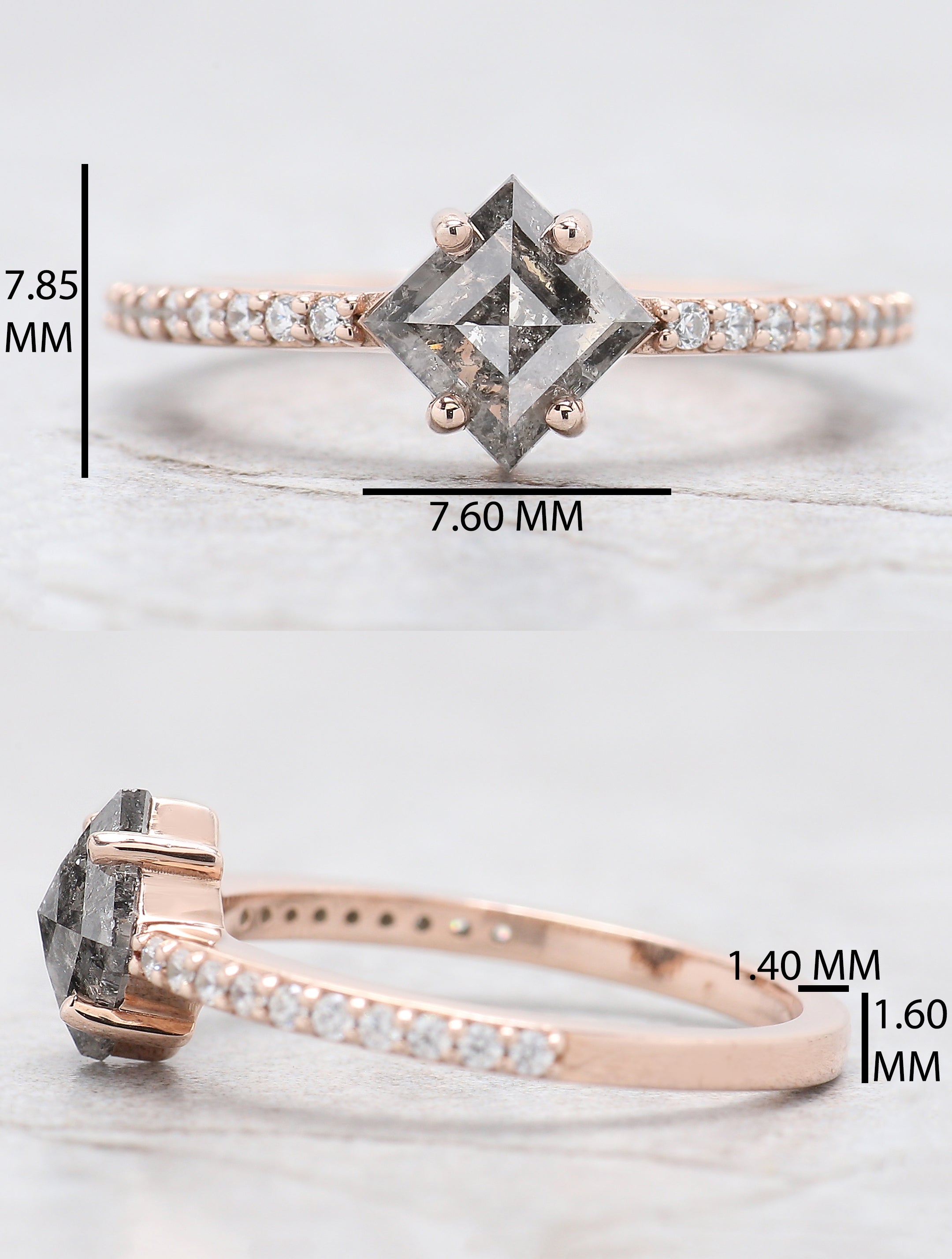 Kite Cut Salt And Pepper Diamond Ring 0.98 Ct 7.70 MM Kite Diamond Ring 14K Solid Rose Gold Silver Kite Engagement Ring Gift For Her QL9339