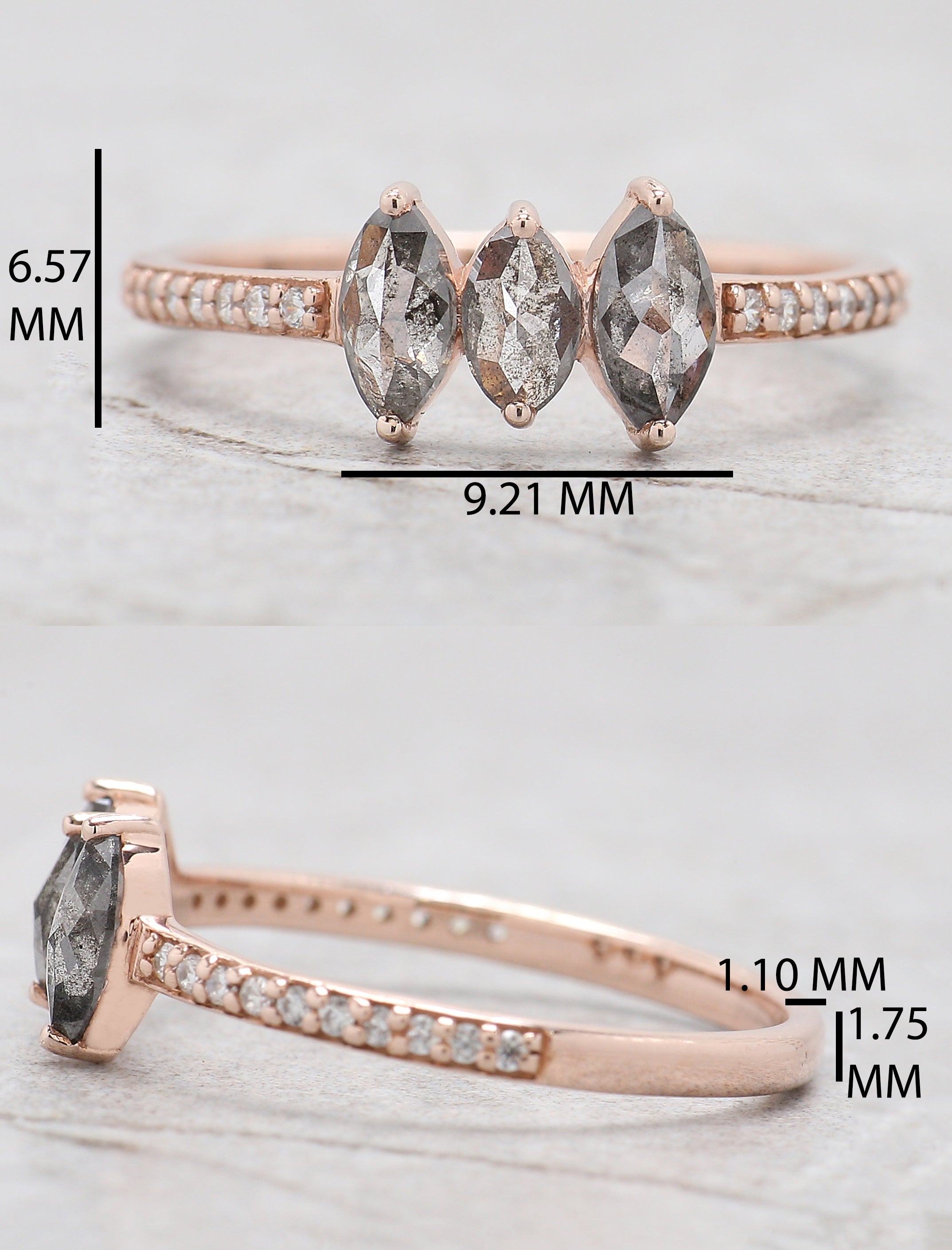 Marquise Cut Salt And Pepper Diamond Ring 0.55 Ct 6.05 MM Marquise Diamond Ring 14K Solid Rose Gold Engagement Ring Gift For Her QL2458