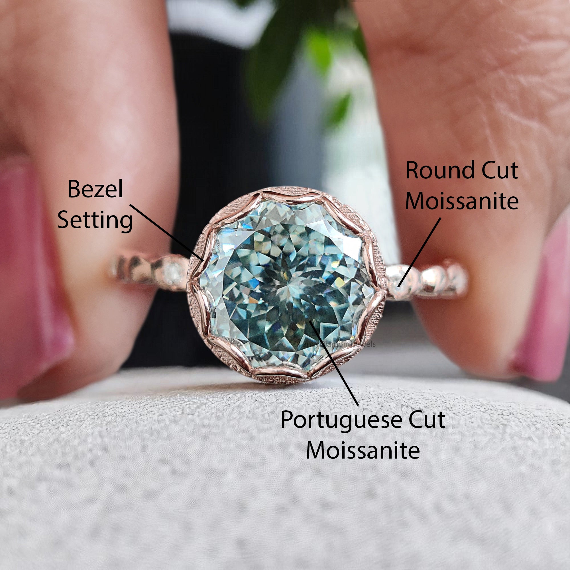 Portuguese Round Shape Blue Moissanite Engagement Ring Bezel Set Rose Gold Vintage Ring Anniversary Ring Gift For Her Wedding Ring FD382