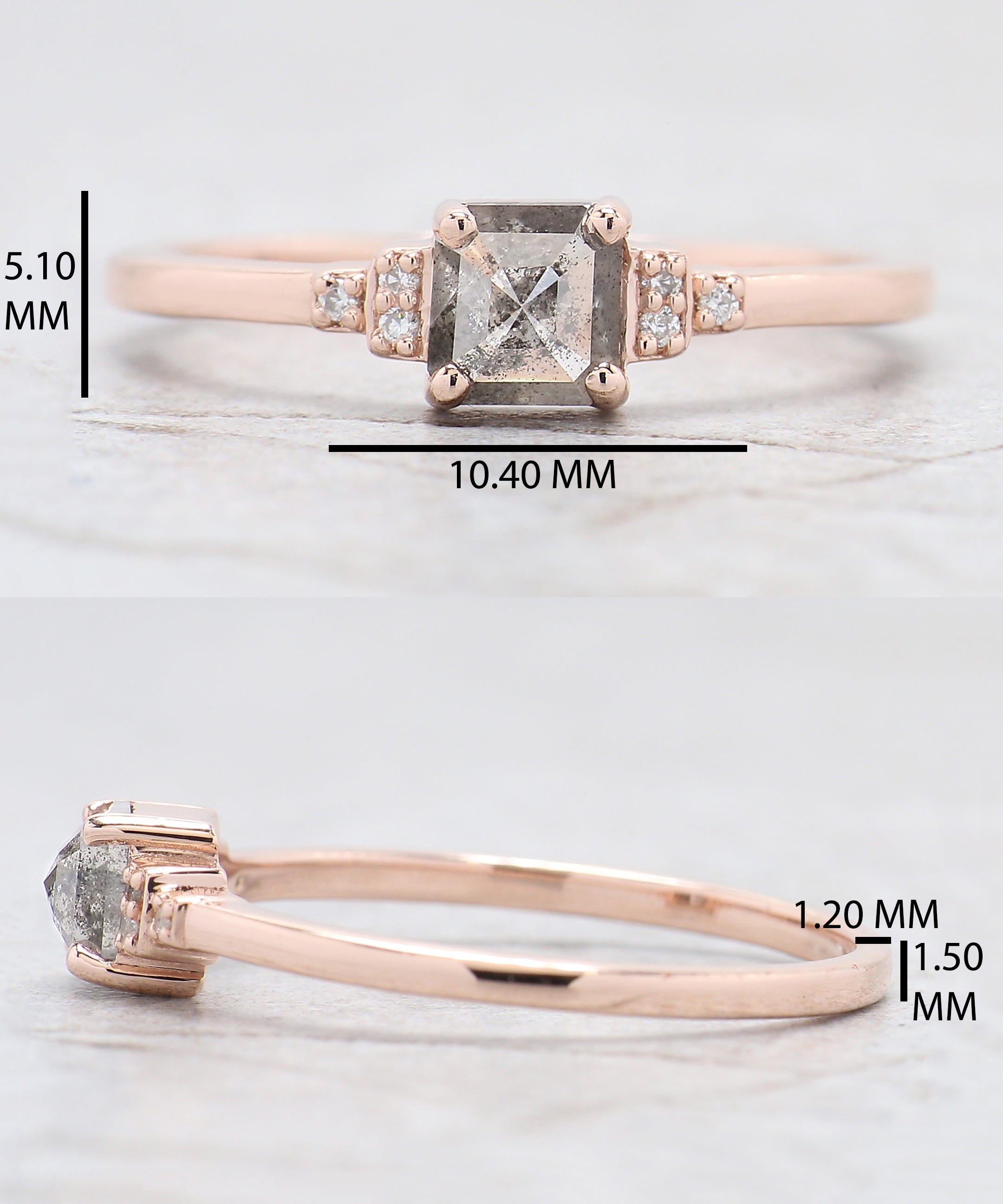 Emerald Cut Salt And Pepper Diamond Ring 0.45 Ct 4.80 MM Emerald Diamond Ring 14K Solid Rose Gold Silver Engagement Ring Gift For Her QL7606