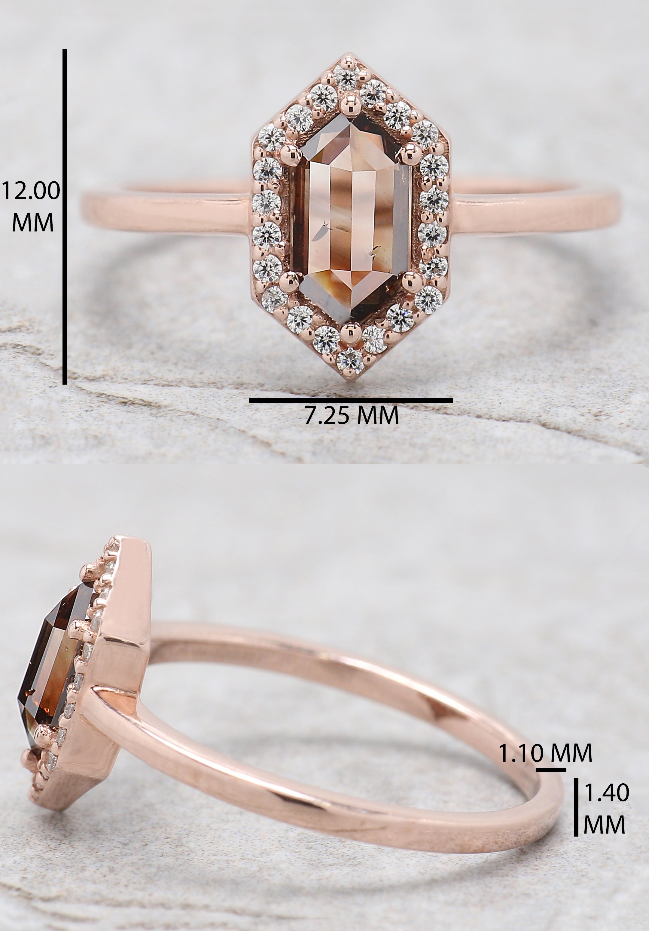 Hexagon Brown Color Diamond Ring 0.65 Ct 8.05 MM Hexagon Shape Diamond Ring 14K Solid Rose Gold Silver Engagement Ring Gift For Her QL1861
