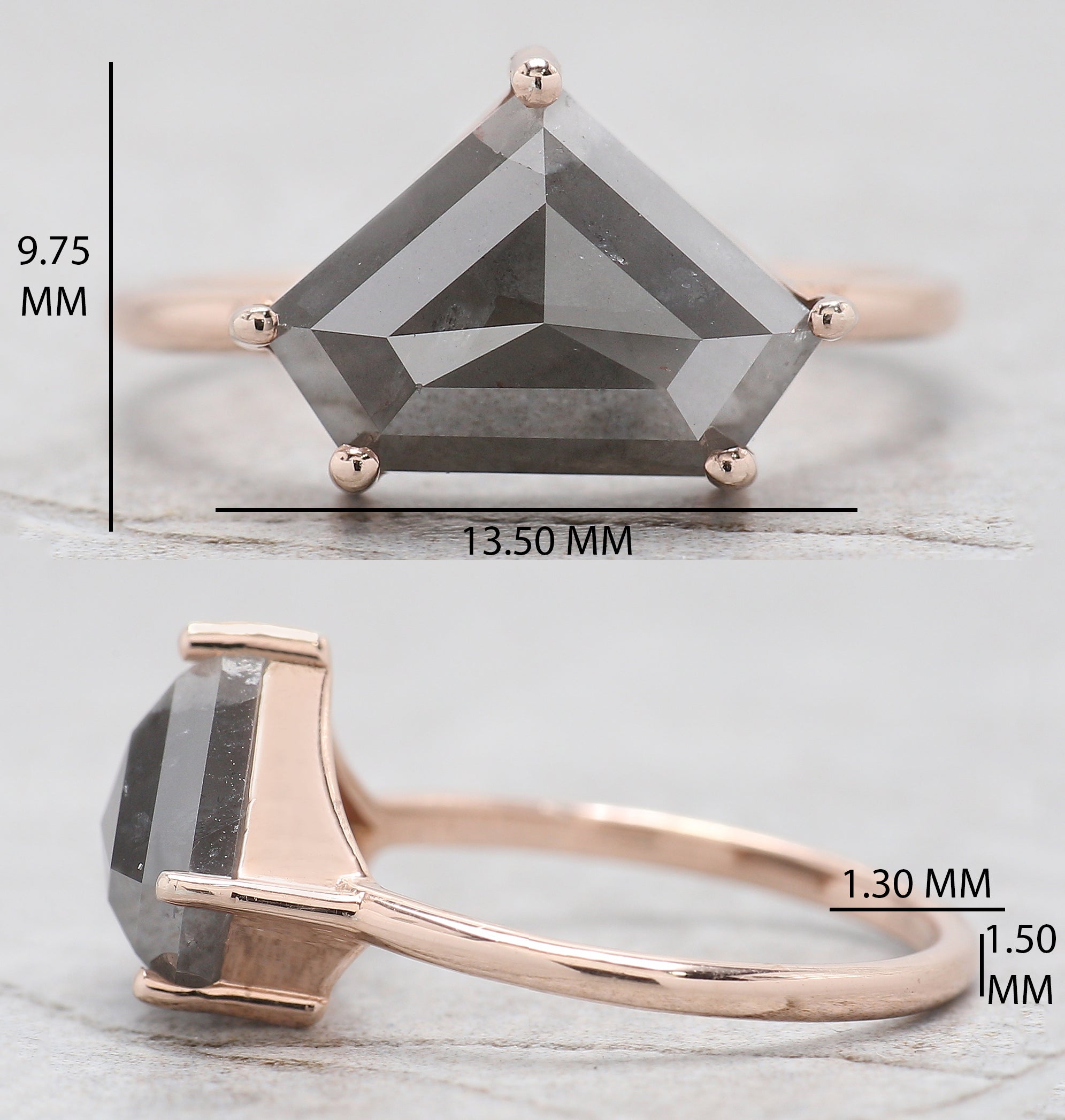 Shield Cut Salt And Pepper Diamond Ring 3.45 Ct 8.70 MM Shield Diamond Ring 14K Solid Rose Gold Silver Engagement Ring Gift For Her QL1055