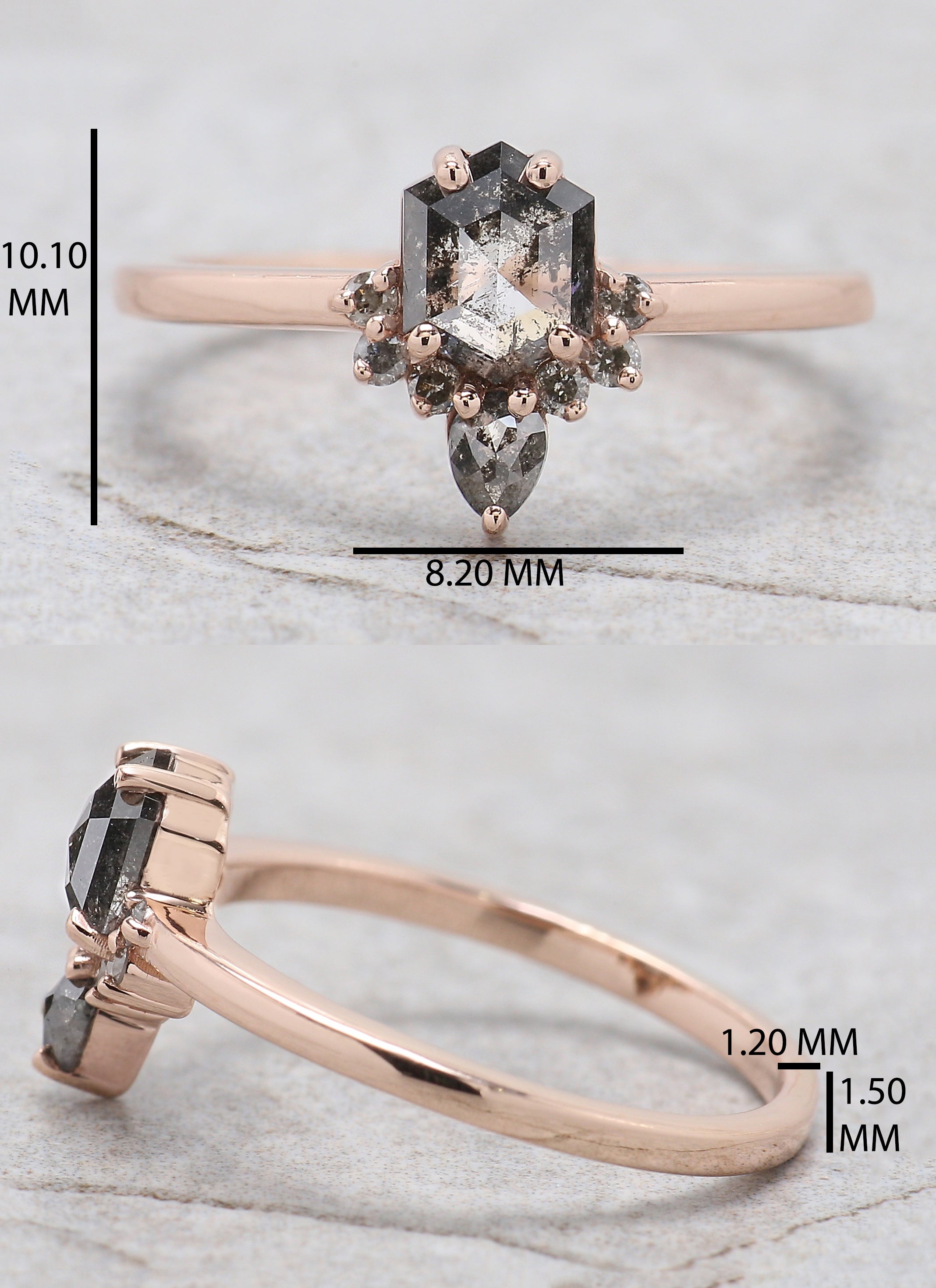 0.69 Ct Natural Hexagon Shape Salt And Pepper Diamond Ring 6.00 MM Hexagon Cut Diamond Ring 14K Solid Rose Gold Silver Engagement Ring QN849