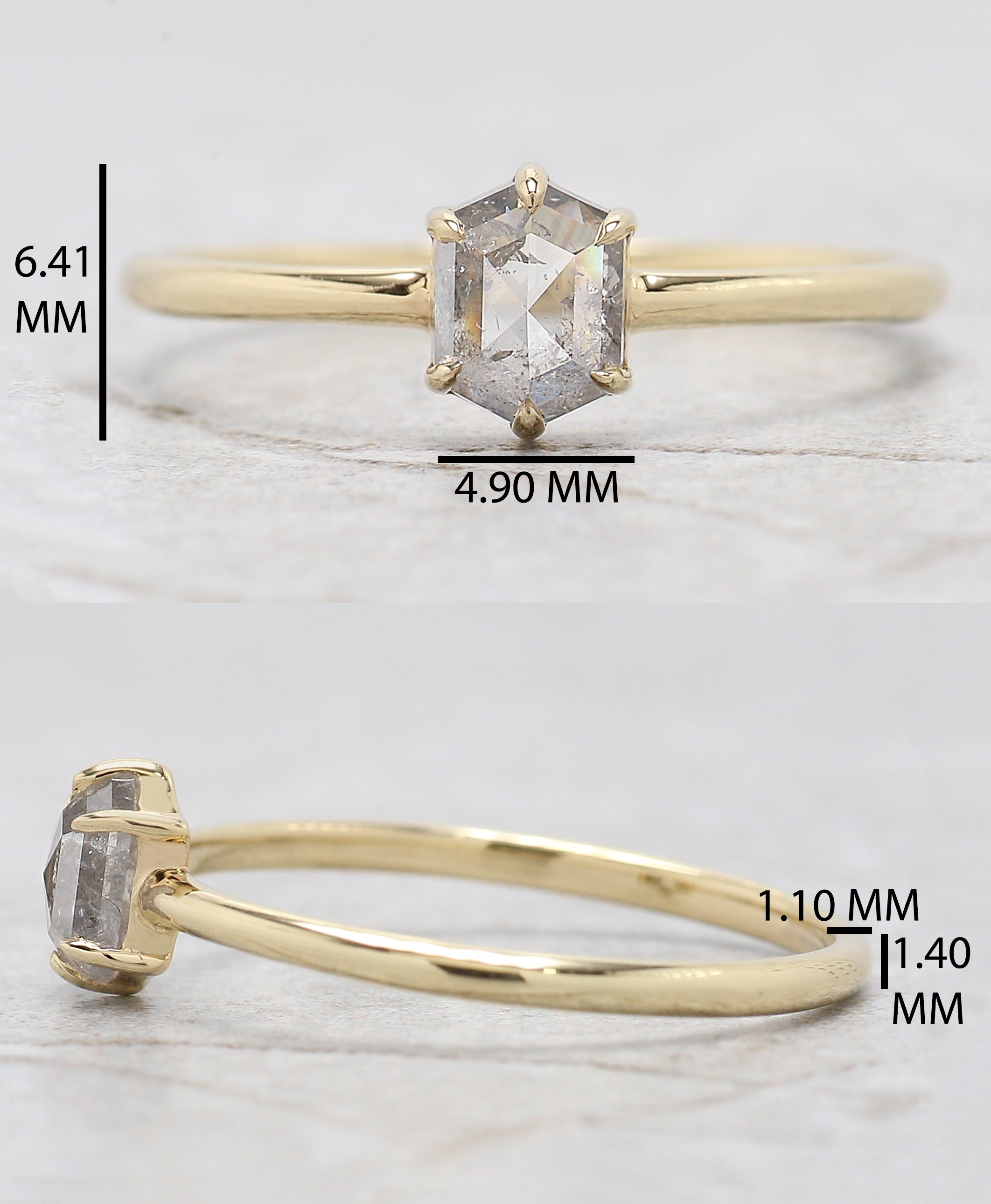 Hexagon Salt And Pepper Diamond Ring 0.62 Ct 5.70 MM Hexagon Diamond Ring 14K Solid Yellow Gold Silver Engagement Ring Gift For Her QN1435