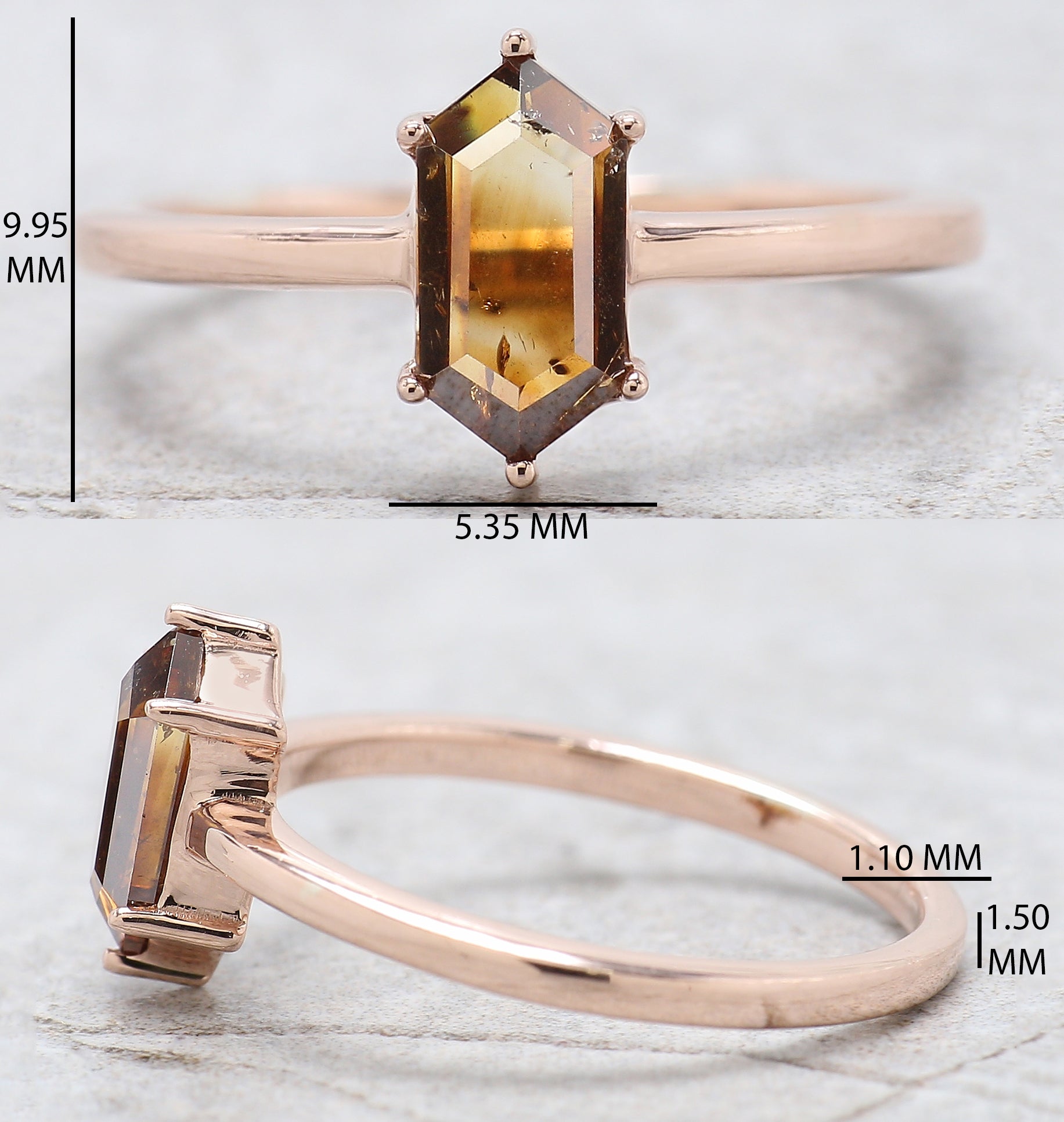 Hexagon Brown Color Diamond Ring 0.93 Ct 8.80 MM Hexagon Shape Diamond Ring 14K Solid Rose Gold Silver Engagement Ring Gift For Her QL1657