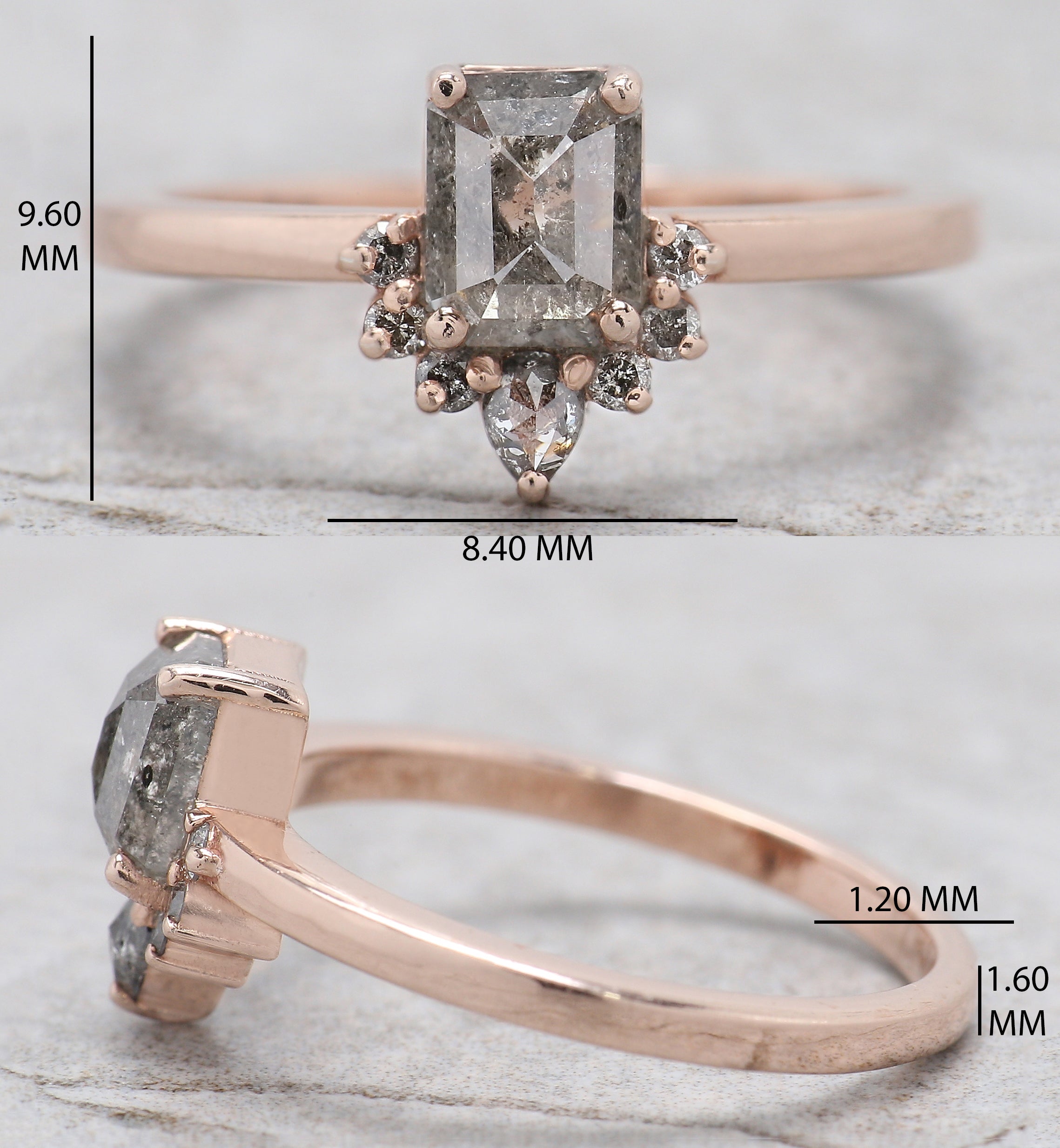 Emerald Salt And Pepper Diamond Ring 0.89 Ct 6.00 MM Emerald Diamond Ring 14K Solid Rose Gold Silver Engagement Ring Gift For Her QL020