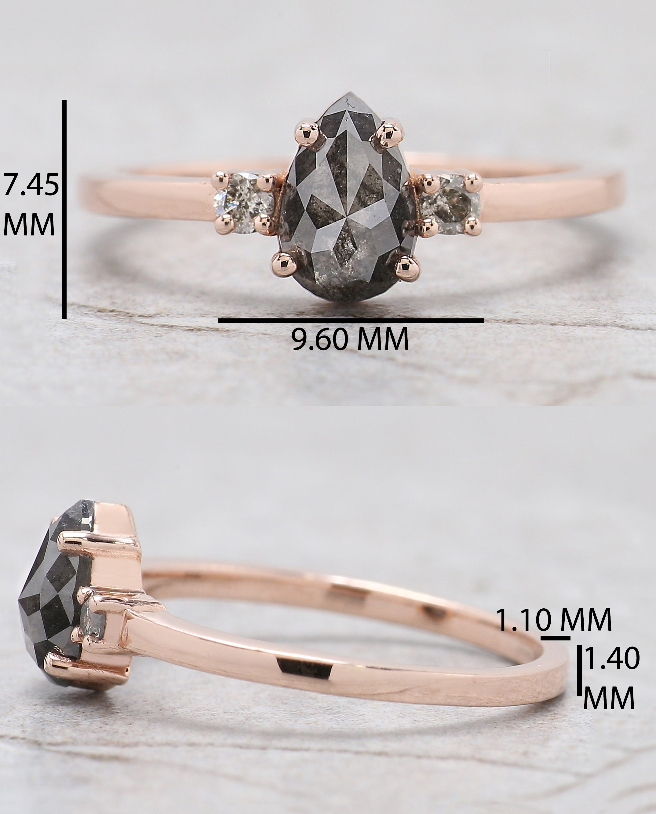0.82 Ct Natural Pear Cut Salt And Pepper Diamond Ring 7.30 MM Pear Diamond Ring 14K Solid Rose Gold Silver Engagement Ring Pear Ring QL9907