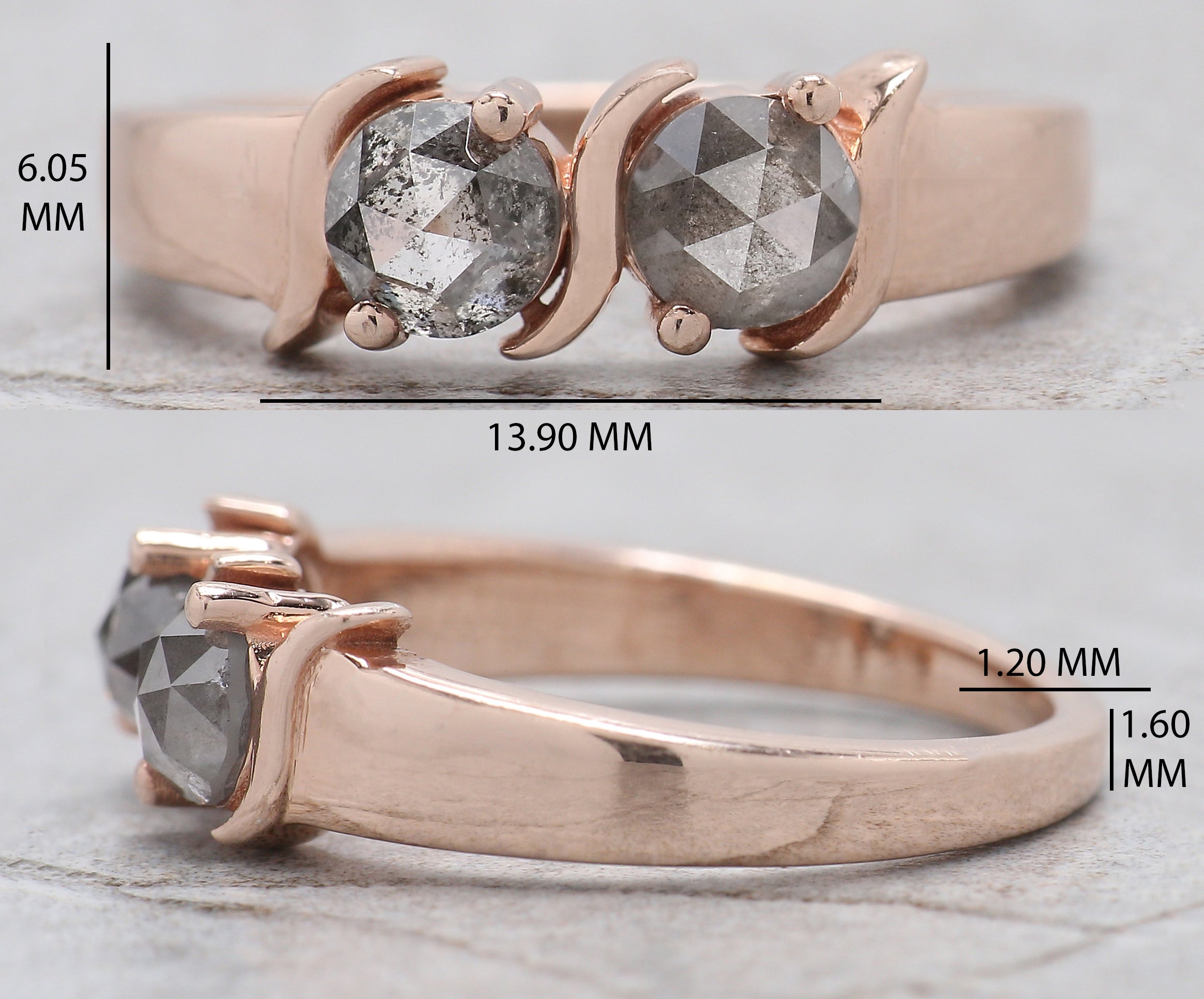 Round Rose Cut Salt And Pepper Diamond Ring 0.95 Ct 4.60 MM Round Diamond Ring 14K Rose Gold Silver Engagement Ring Gift For Her QL1006