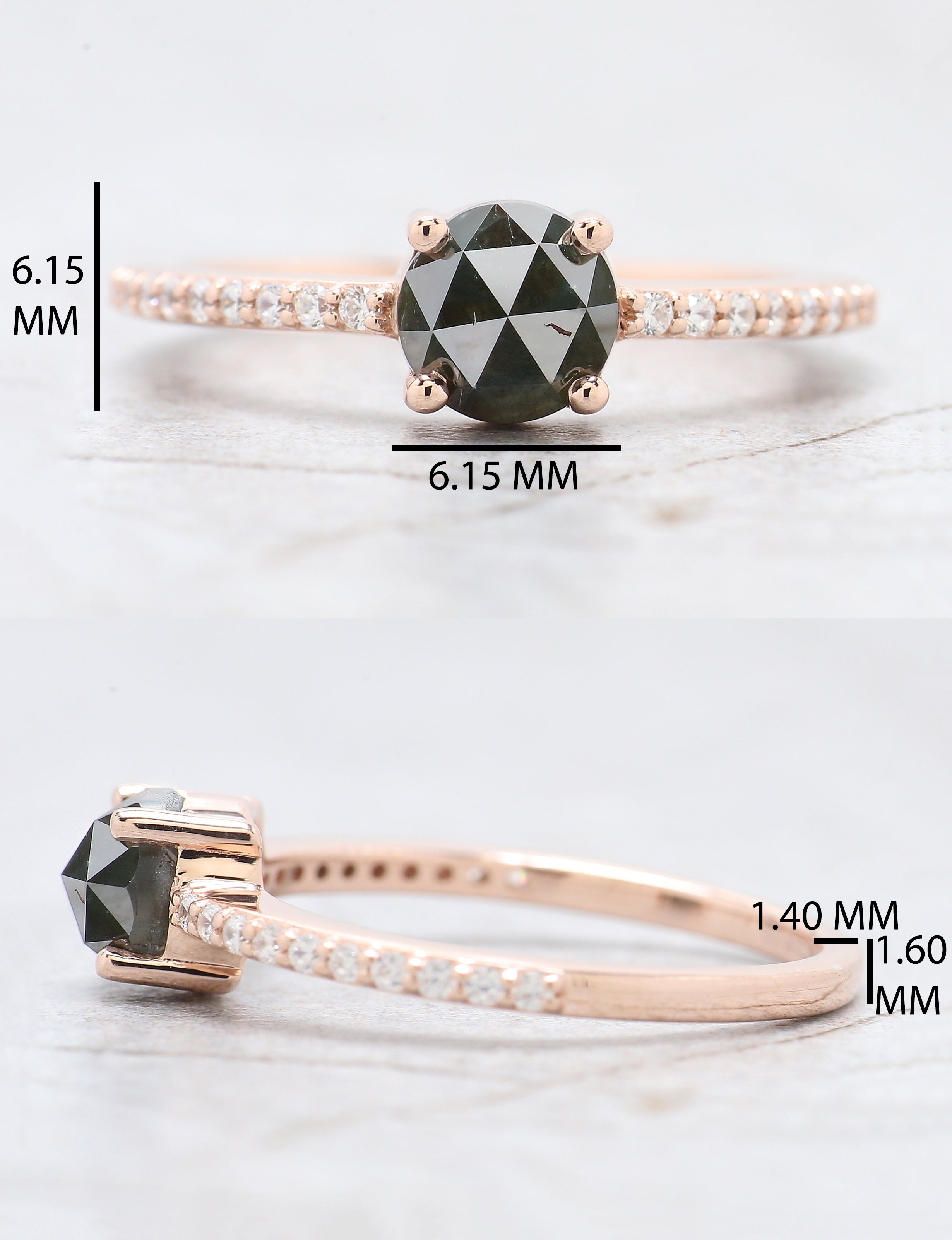 Round Cut Dark Green Color Diamond Ring 1.24 Ct 5.90 MM Rose Cut Diamond Ring 14K Solid Rose Gold Round Engagement Ring Gift For Her QN7660