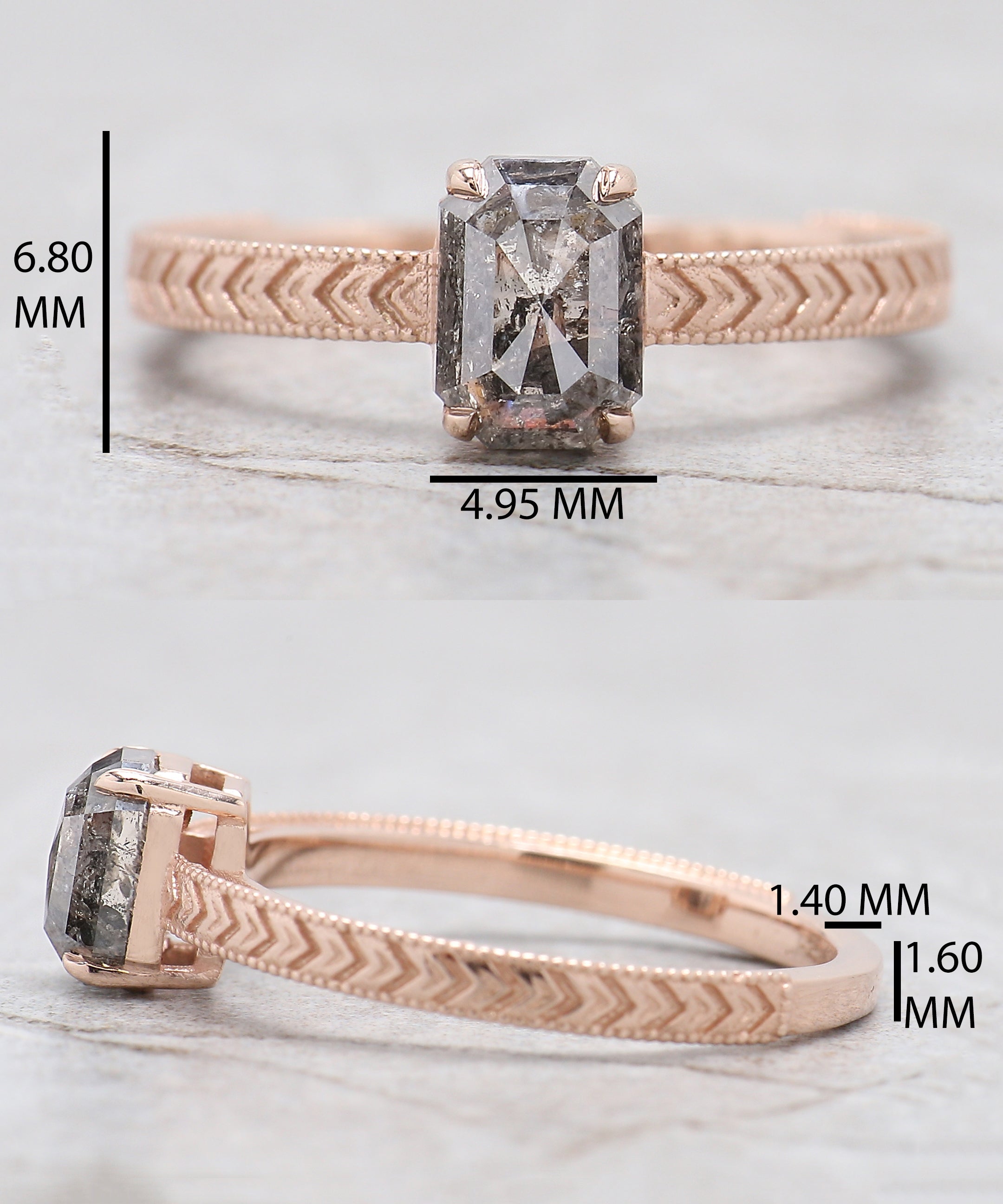 Emerald Salt And Pepper Diamond Ring 1.20 Ct 6.74 MM Emerald Diamond Ring 14K Solid Rose Gold Silver Engagement Ring Gift For Her QL9570