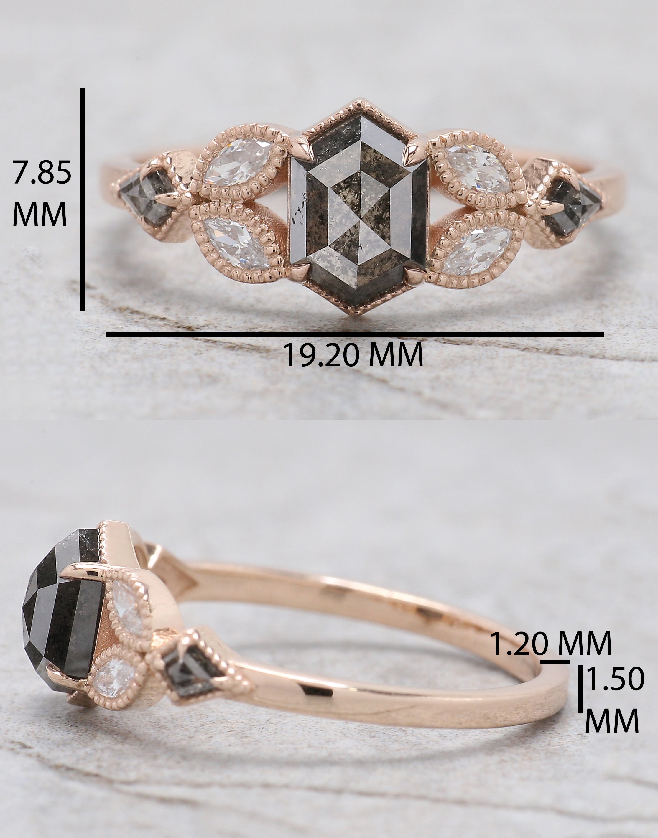 Hexagon Cut Salt And Pepper Diamond Ring 0.98 Ct 6.83 MM Hexagon Cut Diamond Ring 14K Rose Gold Silver Engagement Ring Gift For Her QL2943