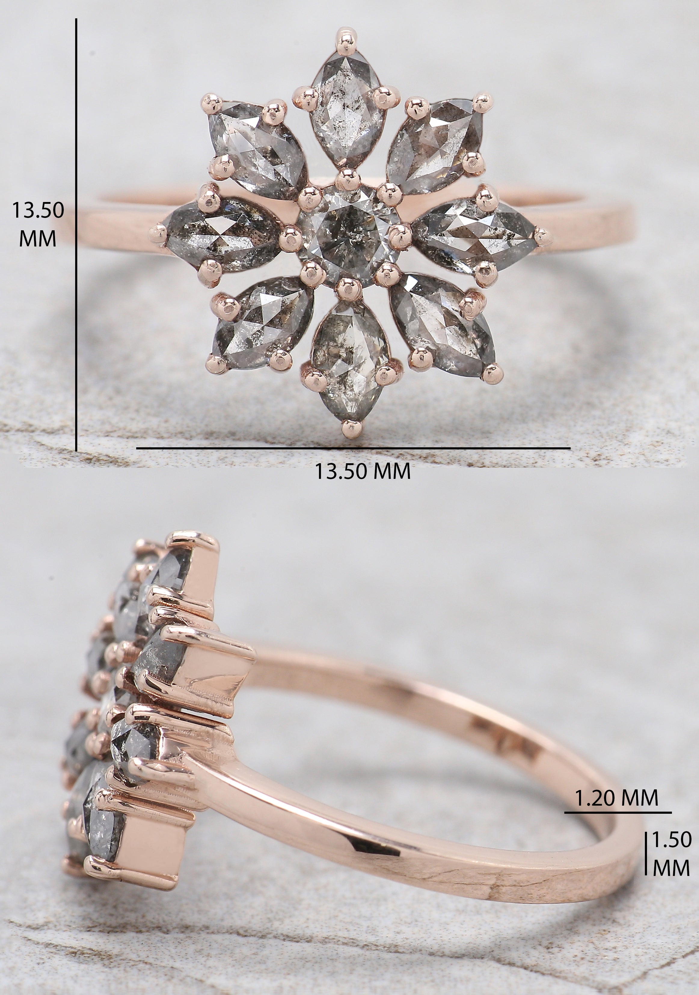 Marquise Cut Salt And Pepper Diamond Ring 0.93 Ct 4.65 MM Marquise Diamond Ring 14K Rose Gold Silver Engagement Ring Gift For Her QL1312
