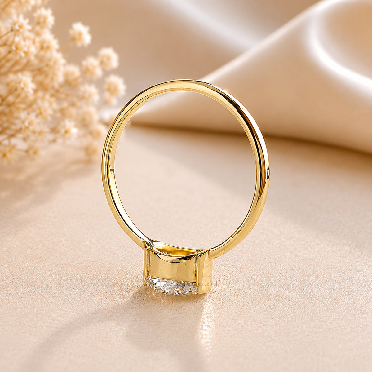 Oval Shape Lab Grown Diamond Half Bezel Ring Solid Gold, Thin Dainty Ring, Oval Diamond Pinky Ring, Minimal Wedding Band Gift For Her FD564