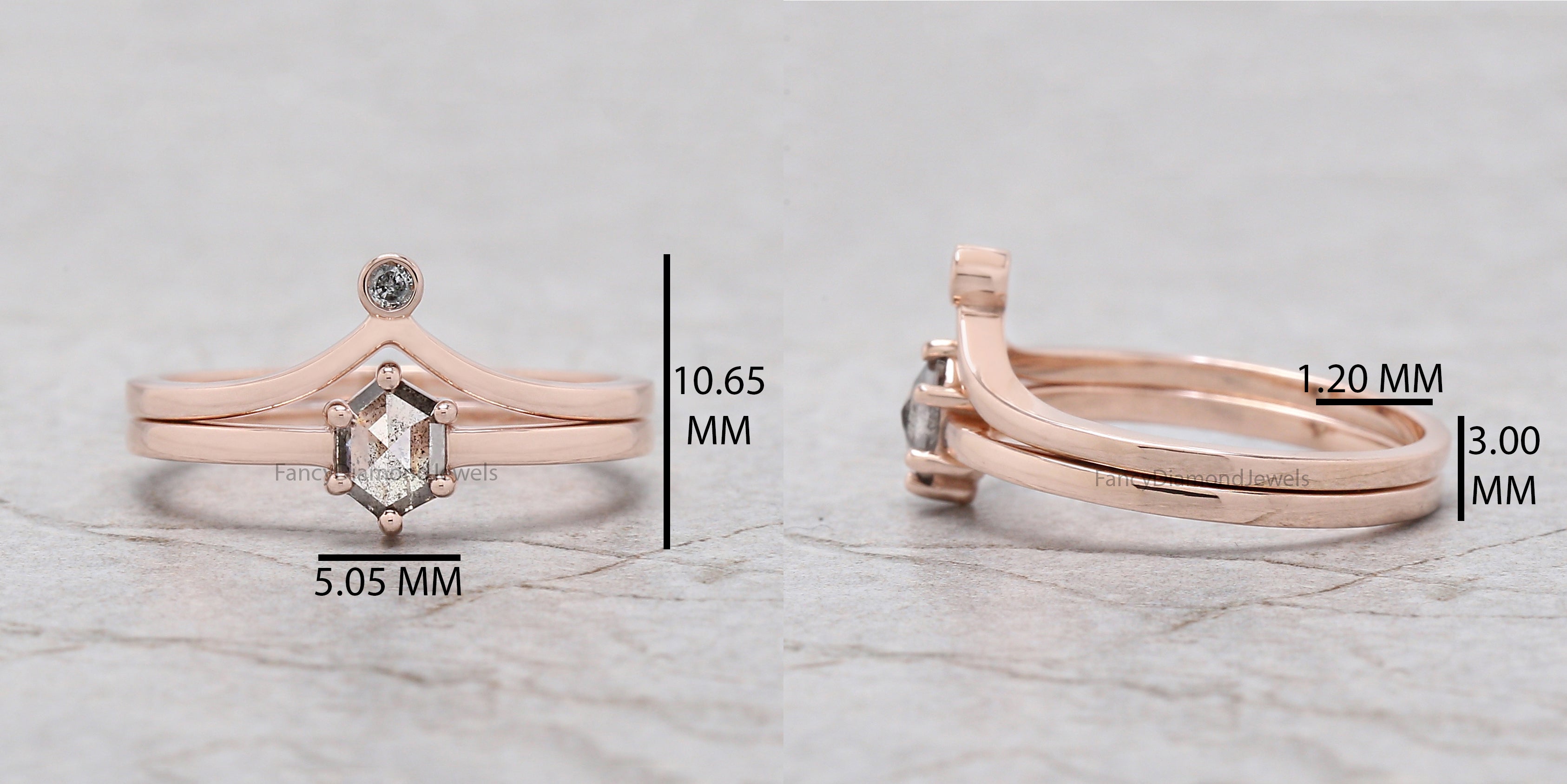 Hexagon salt and pepper Diamond Ring, Salt and pepper Hexagon Diamond Engagement Ring, Hexagon Diamond Ring, Hexagon Bridal Ring Set, KD1143