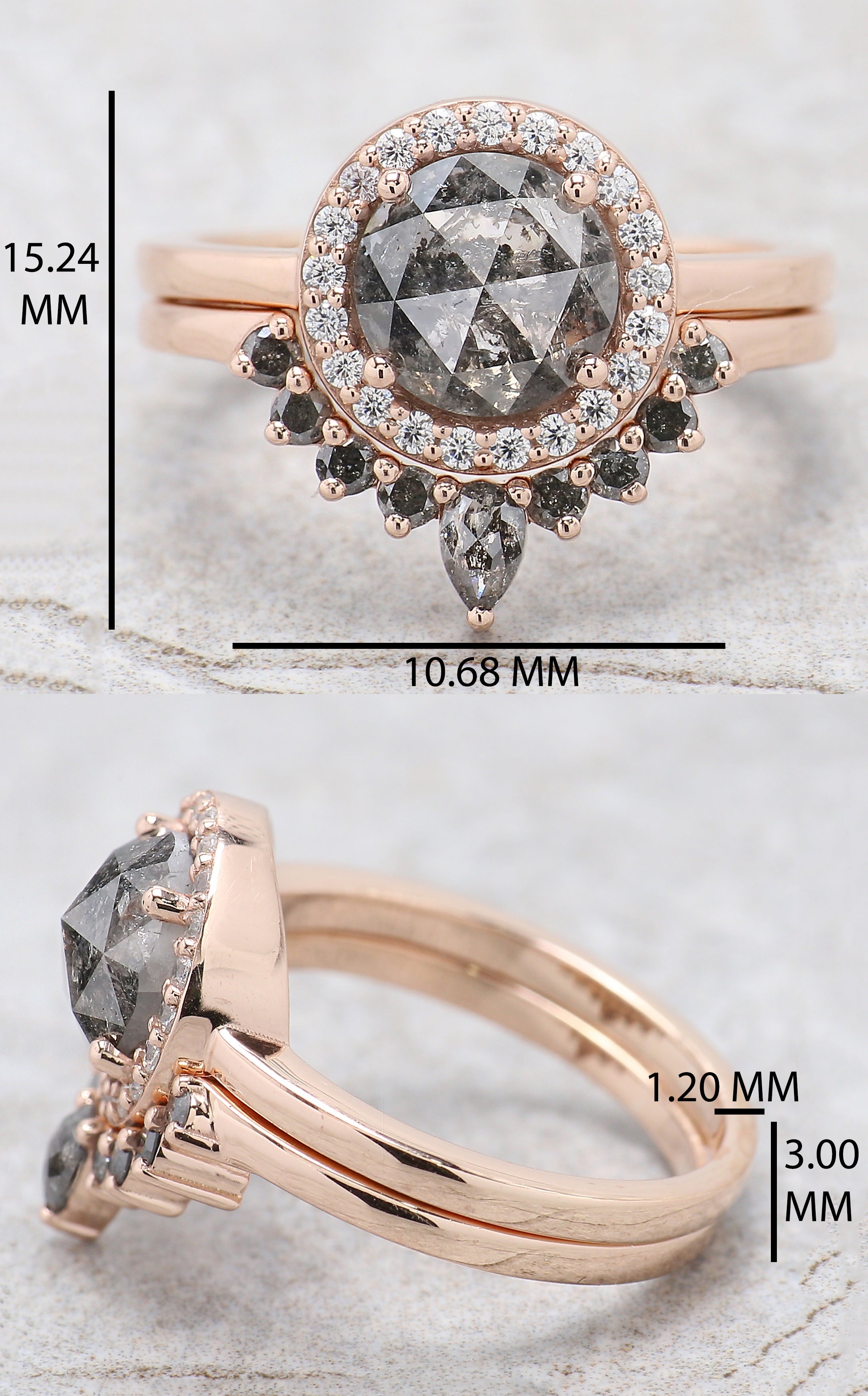 1.86 Ct Natural Round Rose Cut Salt And Pepper Diamond Ring 7.25 MM Round Diamond Ring 14K Solid Rose Gold Silver Engagement Ring QL2001