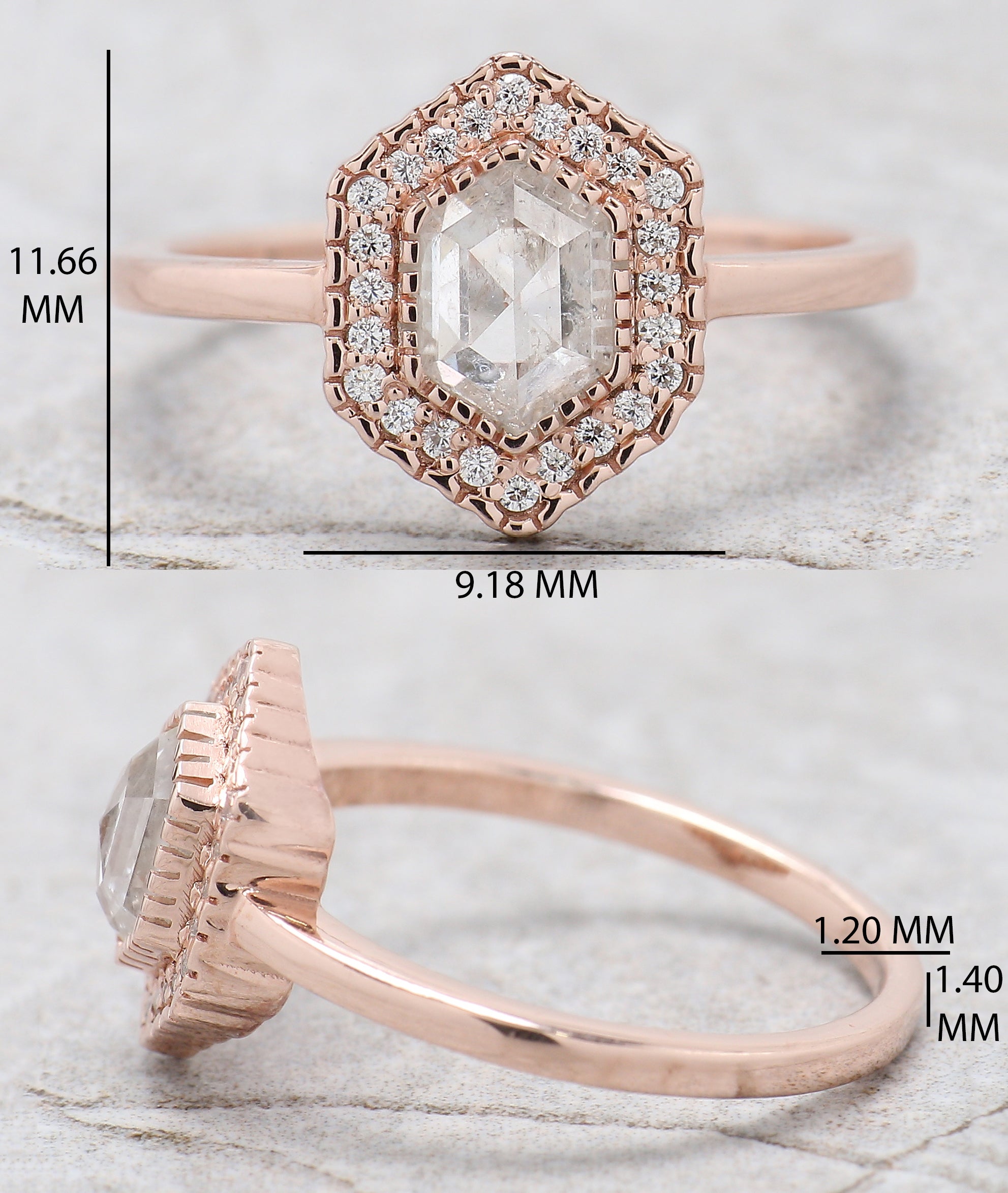 Hexagon Cut Salt And Pepper Diamond Ring 0.79 Ct 6.50 MM Hexagon Diamond Ring 14K Solid Rose Gold Silver Engagement Ring Gift For Her QL2587