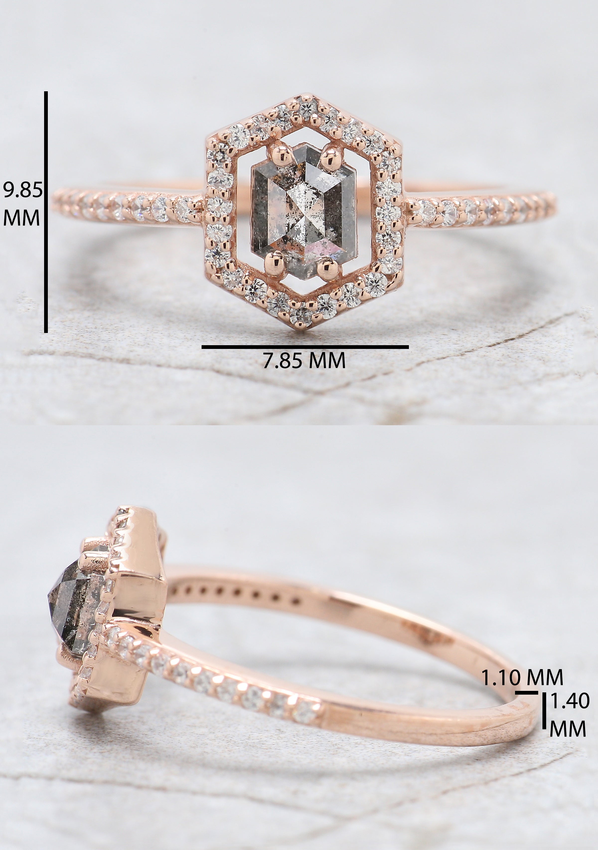 0.57 Ct Natural Hexagon Salt And Pepper Diamond Ring 5.40 MM Hexagon Shape Diamond Ring 14K Solid Rose Gold Silver Engagement Ring QN747