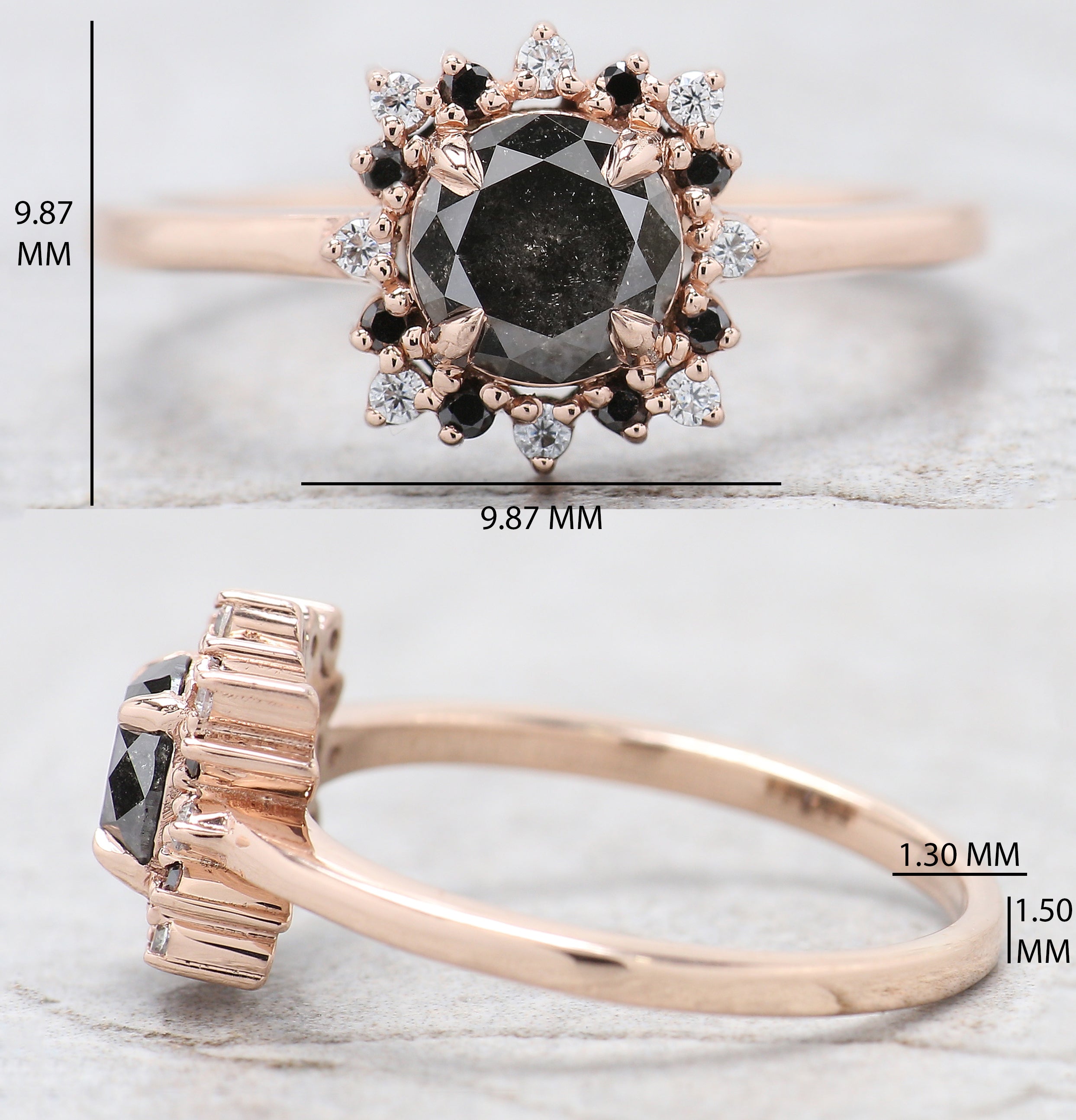 Round Cut Salt And Pepper Diamond Ring 0.83 Ct 5.69 MM Round Diamond Ring 14K Solid Rose Gold Silver Engagement Ring Gift For Her QL2168