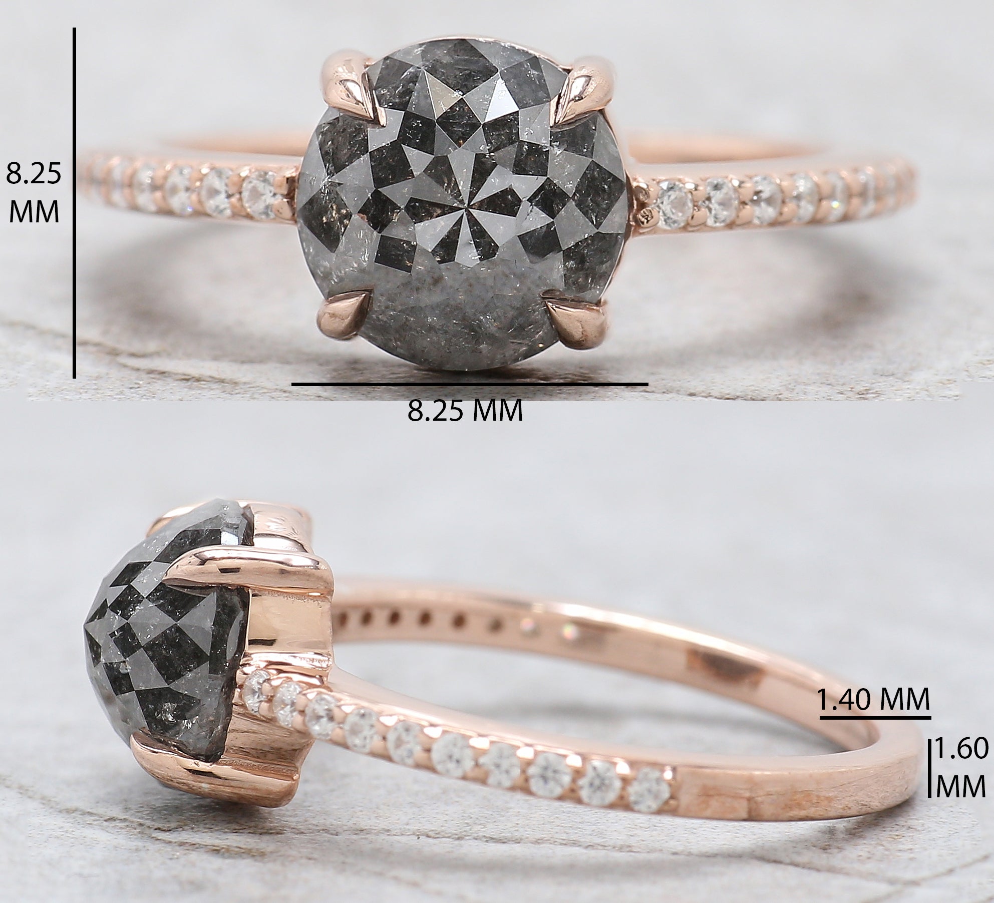 Round Rose Cut Salt And Pepper Diamond Ring 2.49 Ct 8.15 MM Round Diamond Ring 14K Rose Gold Silver Engagement Ring Gift For Her QL202