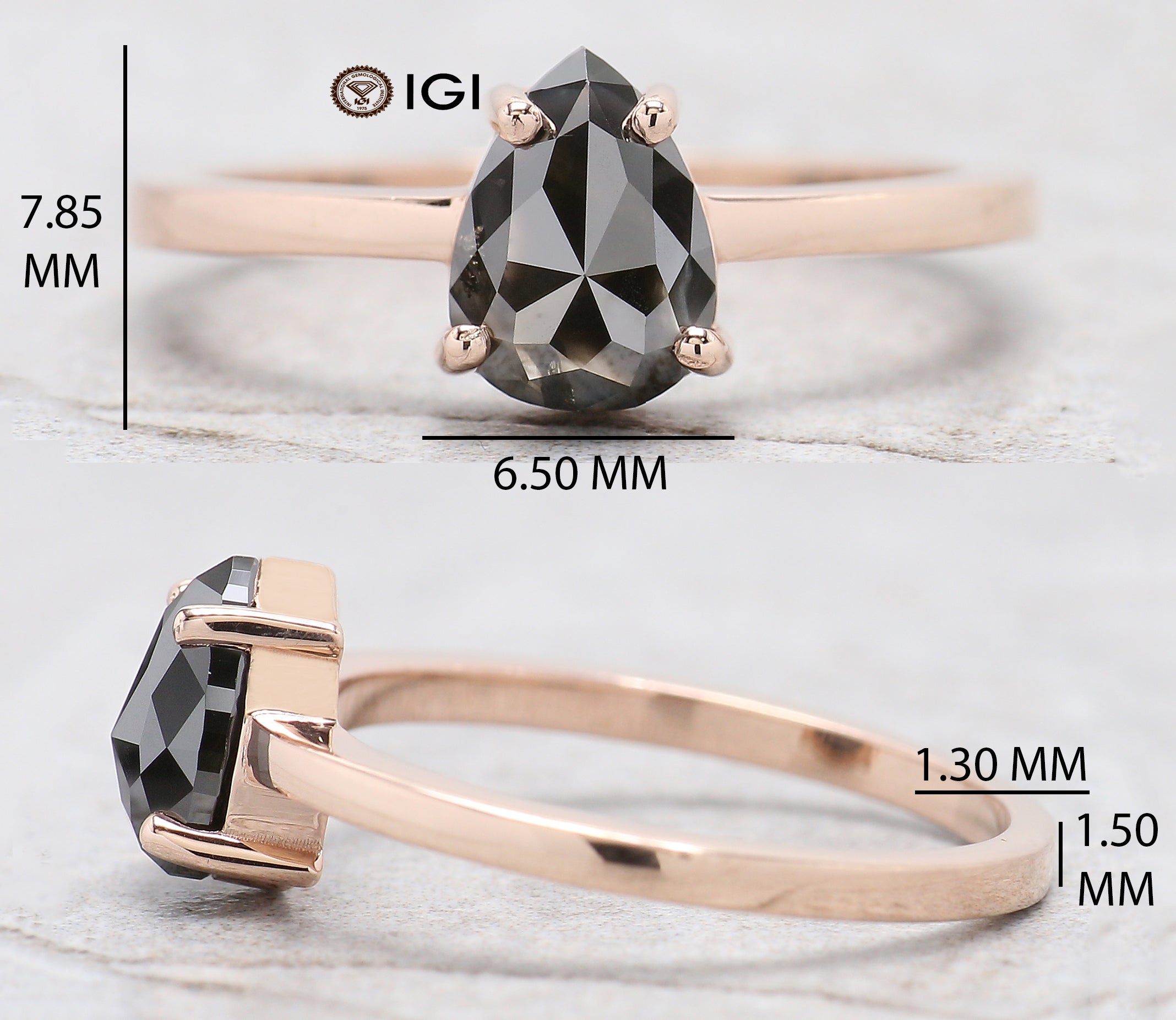 IGI Certified Pear Black Color Diamond Ring 1.34 Ct 7.75 MM Pear Diamond Ring 14K Solid Rose Gold Silver Engagement Ring Gift For Her QL9380