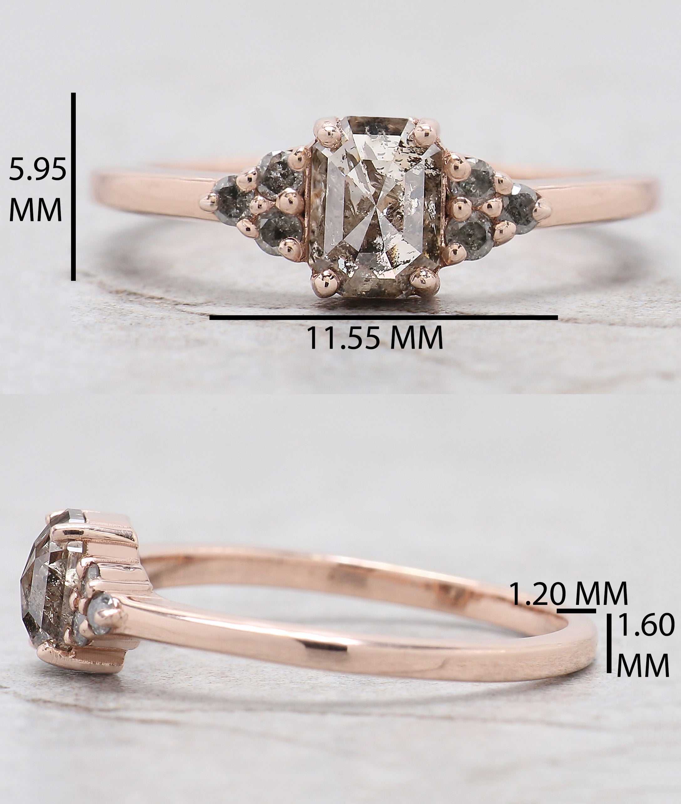 0.75 Ct Natural Emerald Cut Salt And Pepper Diamond Ring 5.95 MM Emerald Diamond Ring 14K Solid Rose Gold Silver Engagement Ring QL9987